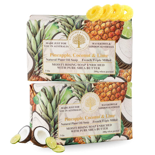 Wavertree & London Pineapple, Coconut & Lime Scented Natural Soap (2 Bars), 7oz Moisturizing French Triple Milled Soap Bars enriched with shea butter - Pure Plant Oil Bath & Body Soap Bars