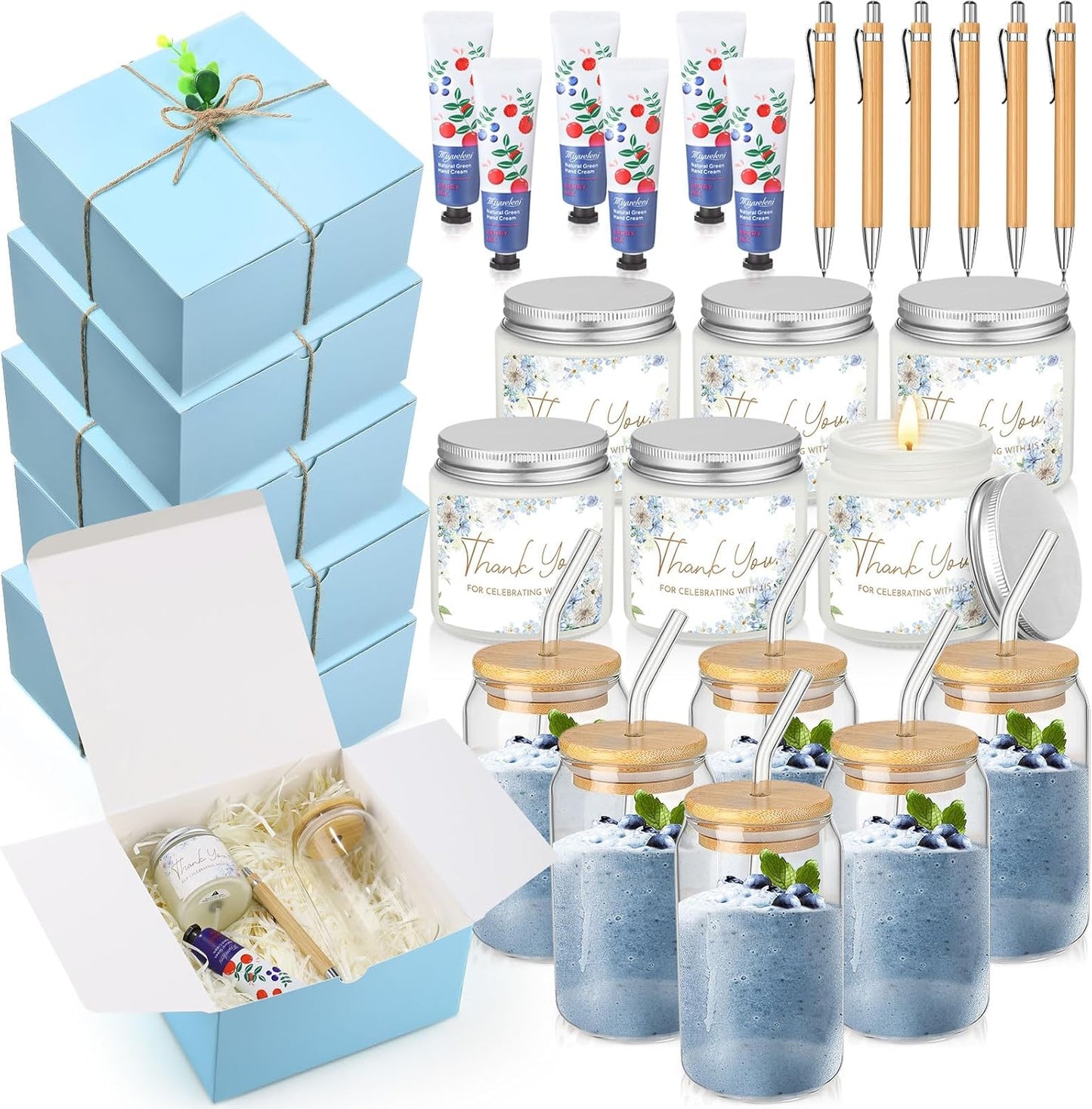 6 Sets Baby Shower Game Prizes for Winners, Glass Cup Scented Candles Hand Cream Pens Gift Box with Raffia for Baby Shower Wedding Bridal Favors for Guests(Blue)