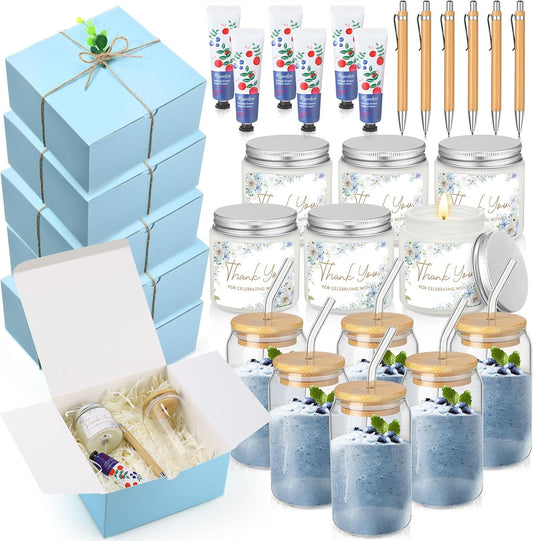 6 Sets Baby Shower Game Prizes for Winners, Glass Cup Scented Candles Hand Cream Pens Gift Box with Raffia for Baby Shower Wedding Bridal Favors for Guests(Blue)