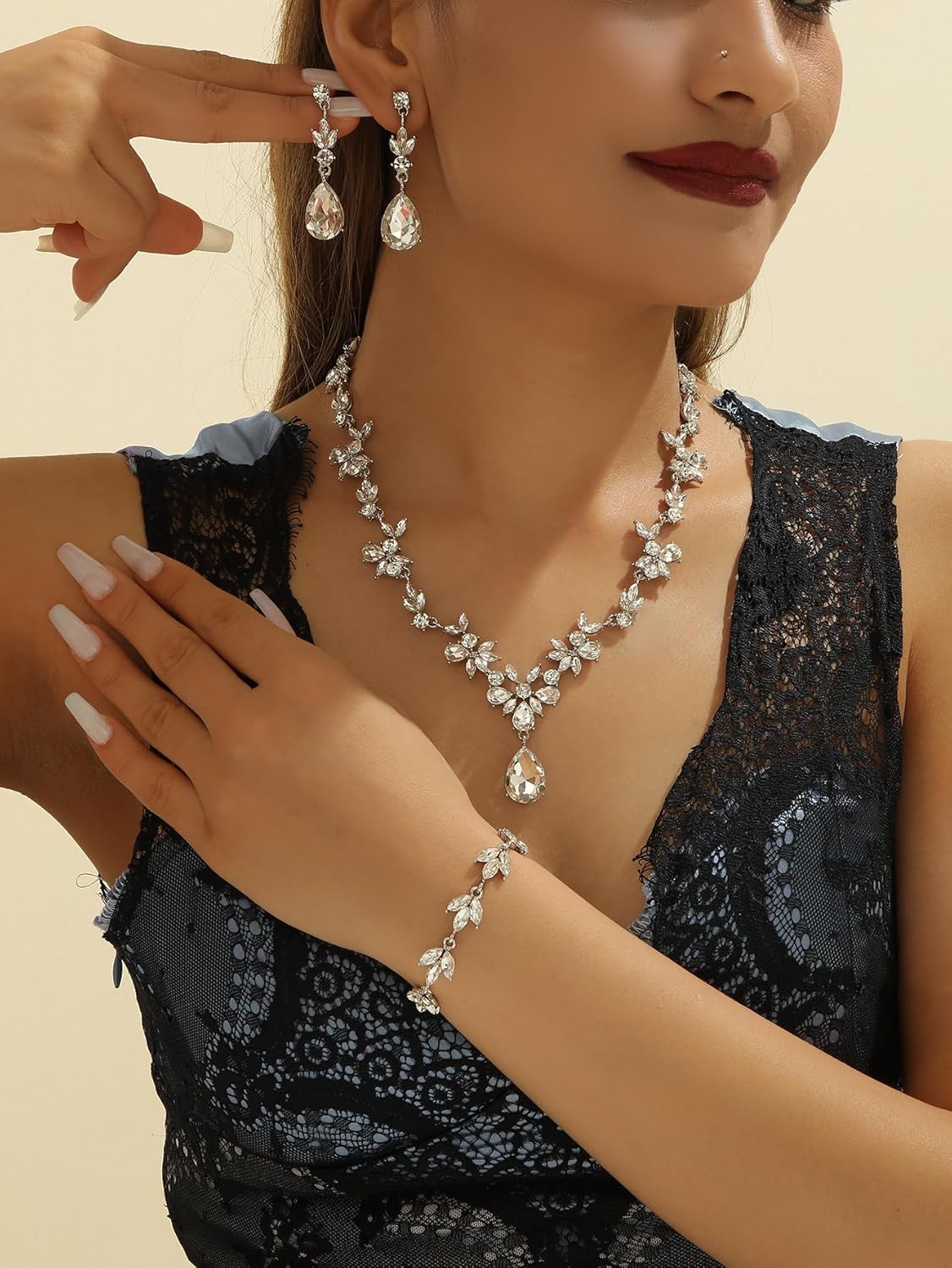 Kamirola Bridal Jewelry Set, Jewelry Set for Women, Necklace Dangle Earrings Bracelet Set, White Gold Plated (TR76)