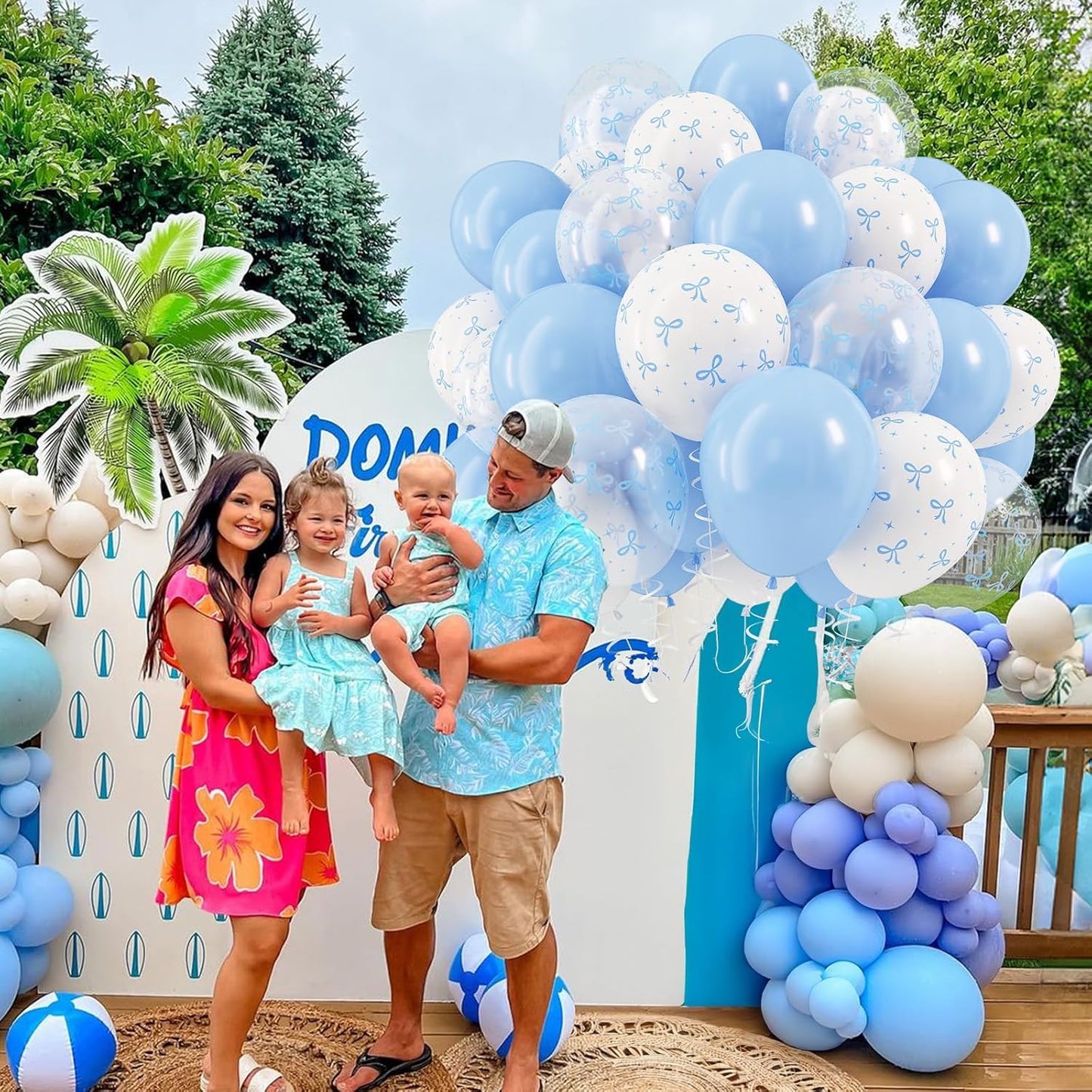 Blue Bow Balloons, 12 Inch Pastel Light Blue Transparent White Bow Print Coquette Balloon for Girls Birthday Bachelorette Party Bridal Baby Shower Wedding Anniversary Decorations Supplies