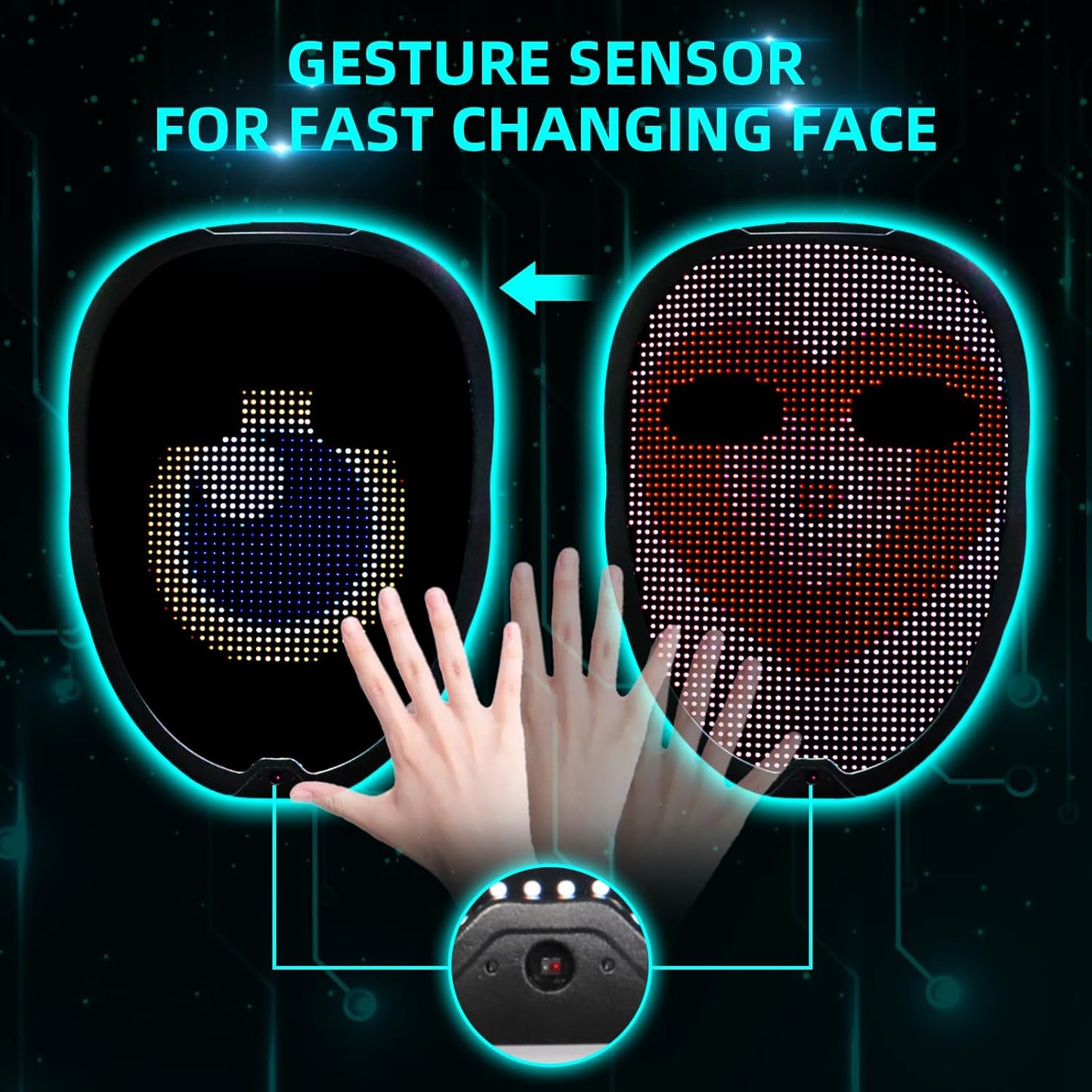 Ompusos LED Mask with Gesture Sensing, Light-Up Transforming Face Cover for Halloween, Christmas, Cosplay & Birthday Parties