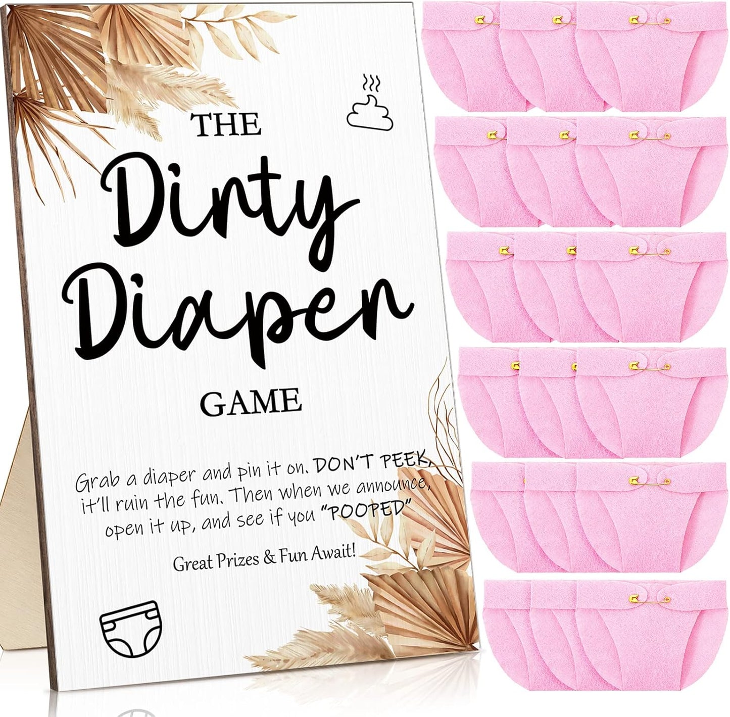 Roowest 51 Pcs Dirty Diaper Baby Shower Games Funny Wooden Sign with 50 Pcs Mini Diapers Cute Felt for Gender Reveal Party Baby Shower(Boho Pink)
