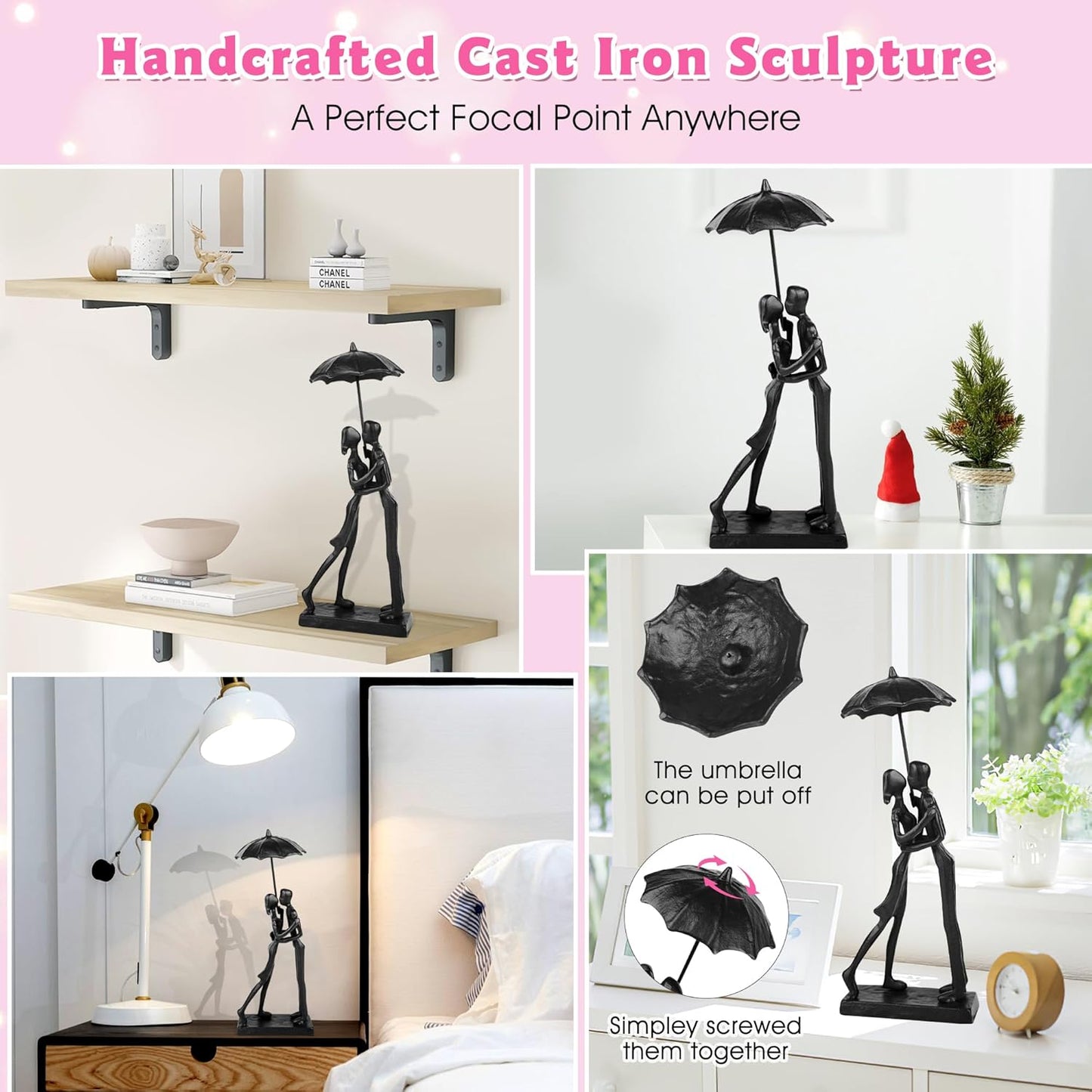 Anniversary for Couple/Her, Affectionate Couple Statue Kissing Under Umbrella, Handcrafted Cast Iron Sculpture in Love, for Wedding Gifts 6th Anniversary Birthday Gifts