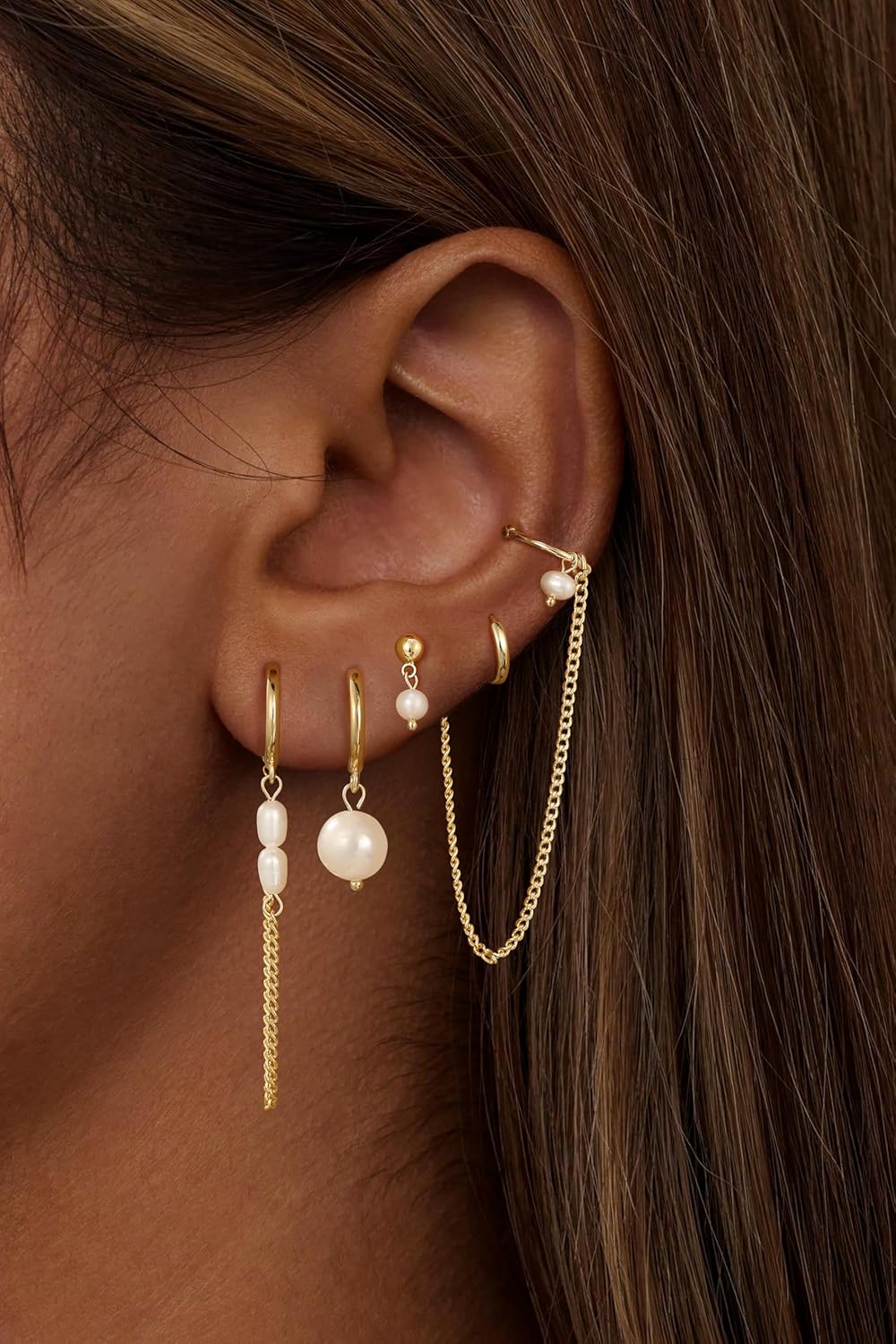 Moodear Gold Earrings for Women No Tarnish - Trendy 14K Gold Plated Pearl Hoop Studs Chain Earrings Stacks for Women Wedding Jewelry Gift