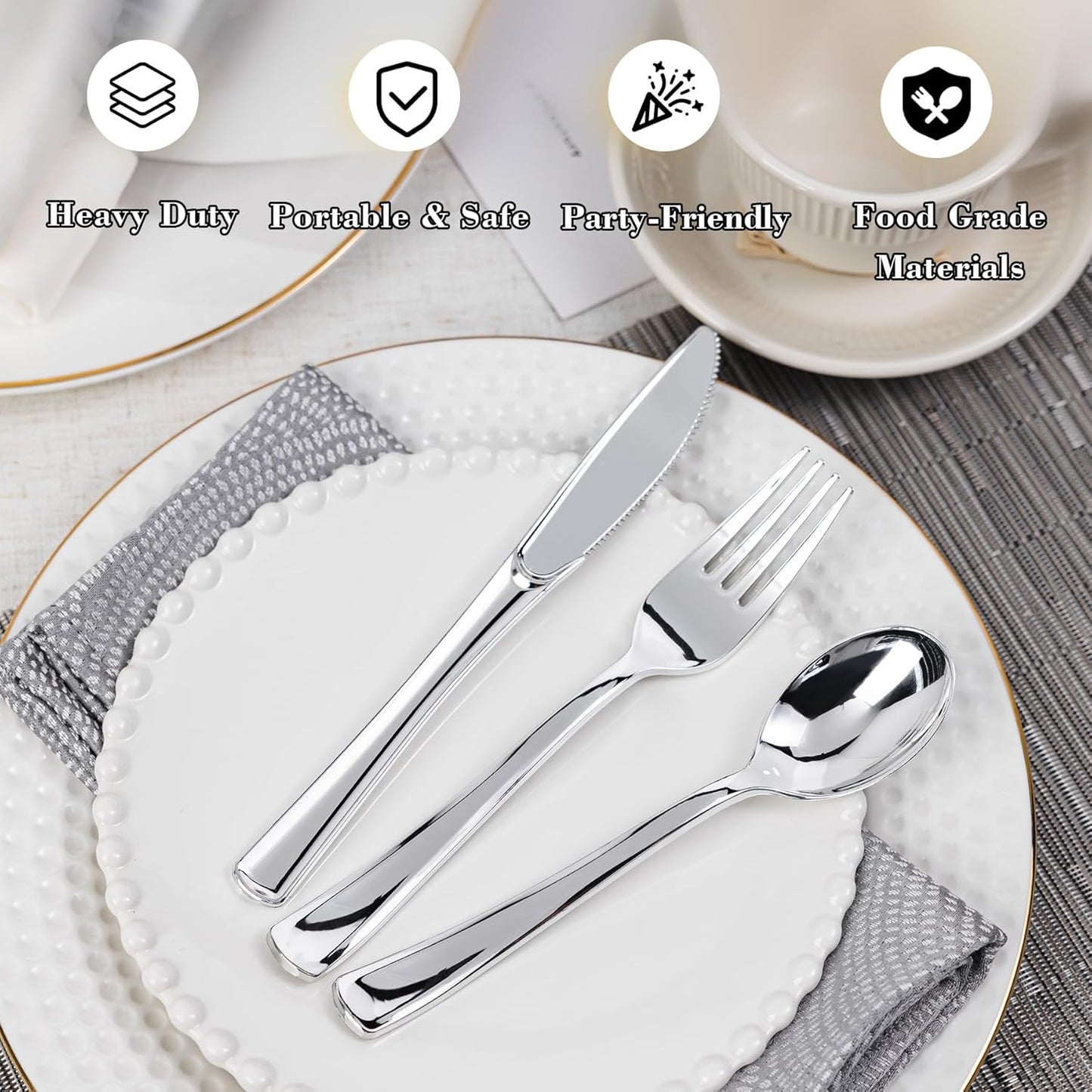 N9R 120 Pack Pre Rolled Silver Plastic Silverware Set, Wrapped Silverware Set Disposable with 120 Forks, 120 Knives, 120 Spoons, 120 Napkins, Disposable Cutlery Set for Party and Wedding