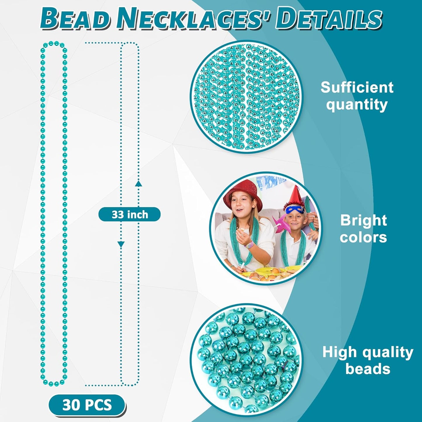 30PCS Mardi Gras Beads, Metallic Teal Blue Bead Necklace, 33" Mardi Gras Necklace Party Favors Stuff, Festival Parade Throw Accessories for Gender Reveal Wedding Birthday Party Supplies Decor