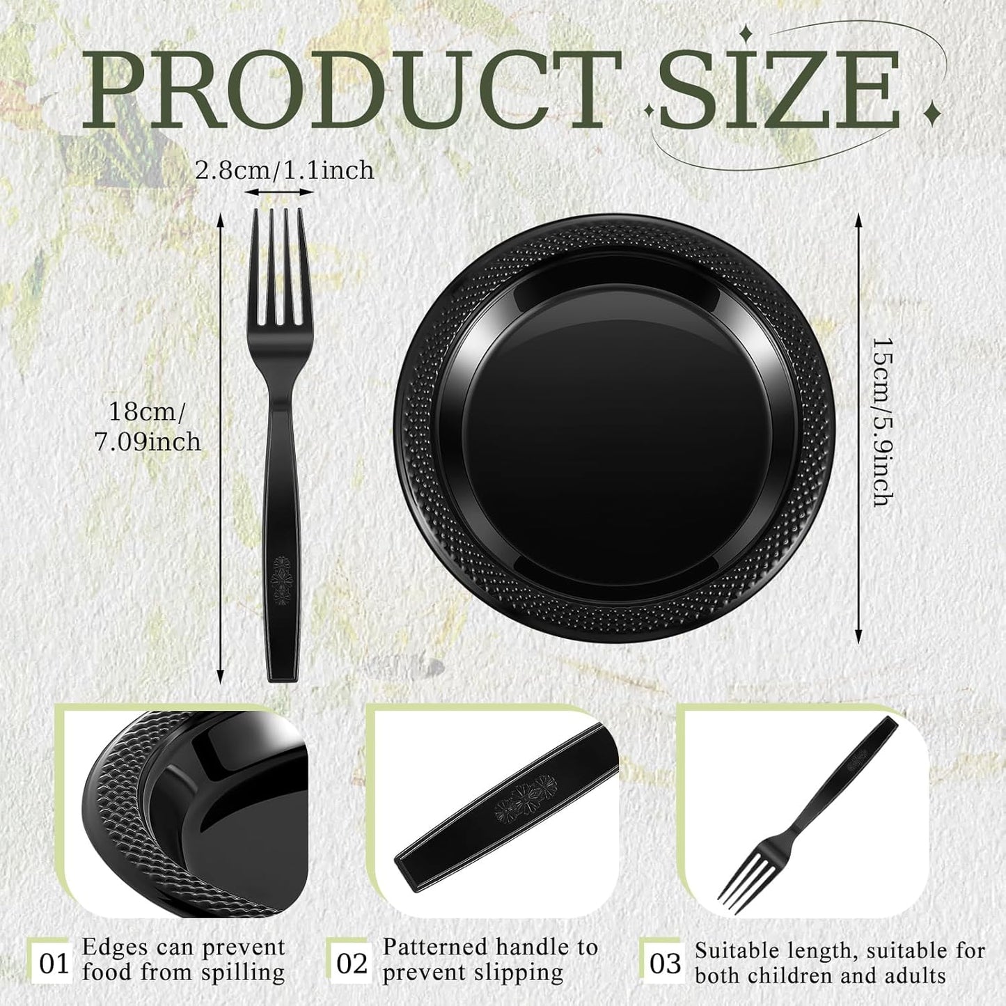 Hushee 600 Pcs 6 Inch Plastic Dessert Plates with Forks for Cake Appetizer, 300 Disposable Plates and 300 Plastic Forks for Wedding Birthday Party Event Bulk (Black)