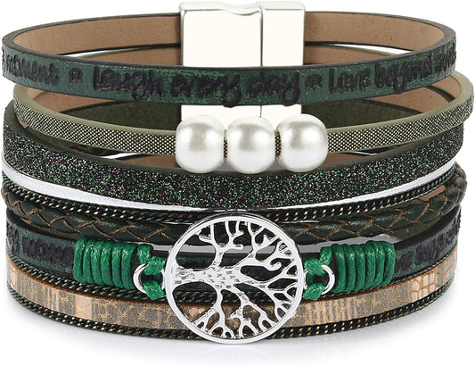 FANCY SHINY Tree of Life Leather Wrap Bracelet Inspirational Cuff Bangles Boho Pearl Bracelets with Magnetic Clasp Unique Jewelry Gifts for Women