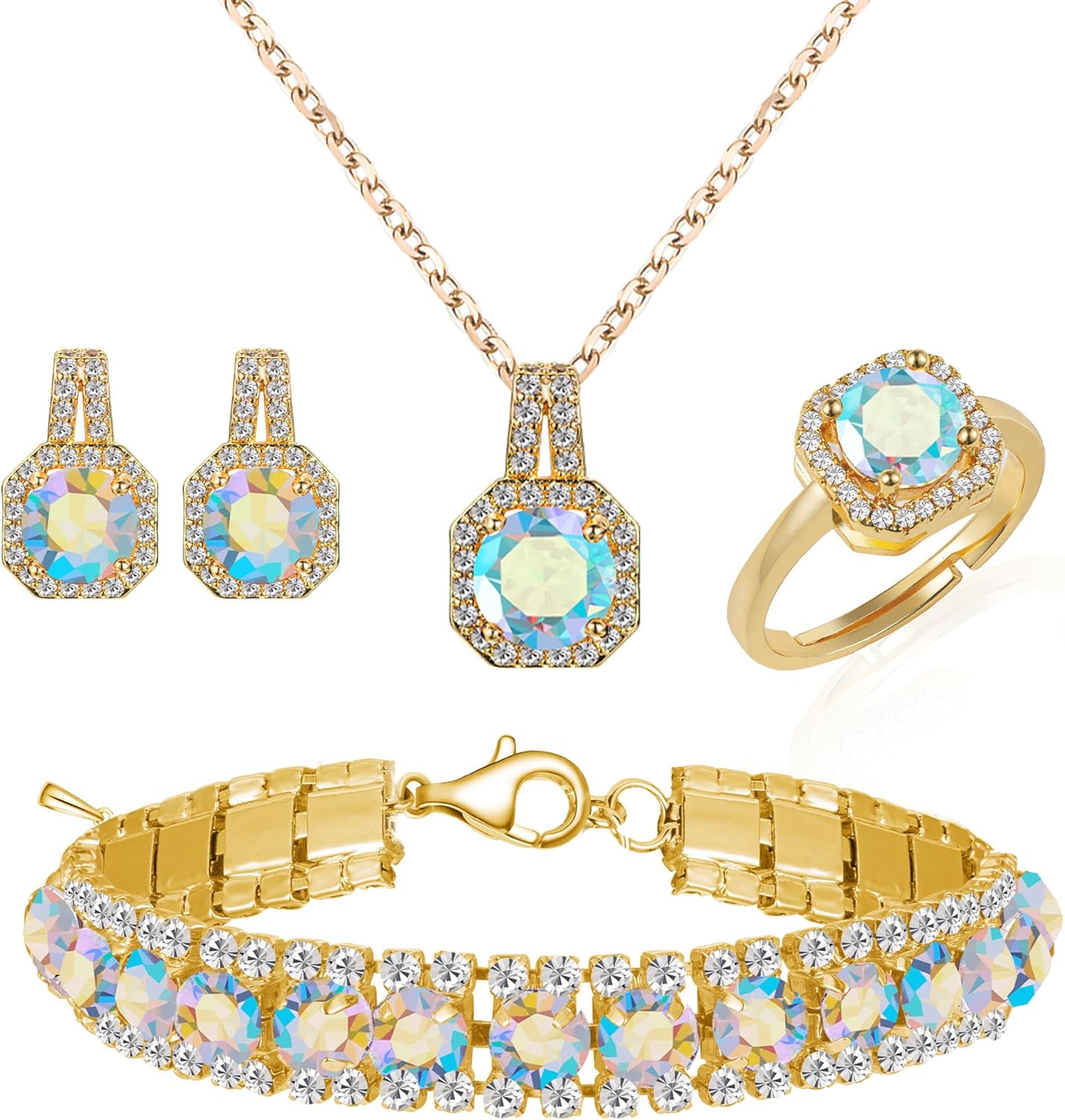 4pcs Cubic Zirconia Wedding Jewelry Sets for Bride Bridesmaid Cubic Zirconia Pendant Necklace Earrings Link Tennis Bracelet Open Ring Set for Women