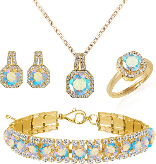 4pcs Cubic Zirconia Wedding Jewelry Sets for Bride Bridesmaid Cubic Zirconia Pendant Necklace Earrings Link Tennis Bracelet Open Ring Set for Women