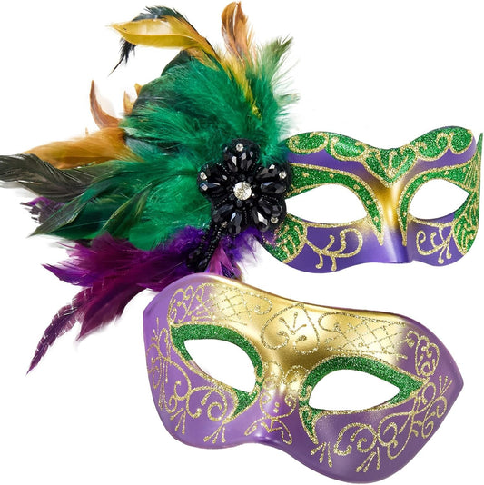 Mardi Gras Mask with Feathers - Venetian Couple Carnivals Masks for Masquerade Party, Cosplay Party, Theme Ball