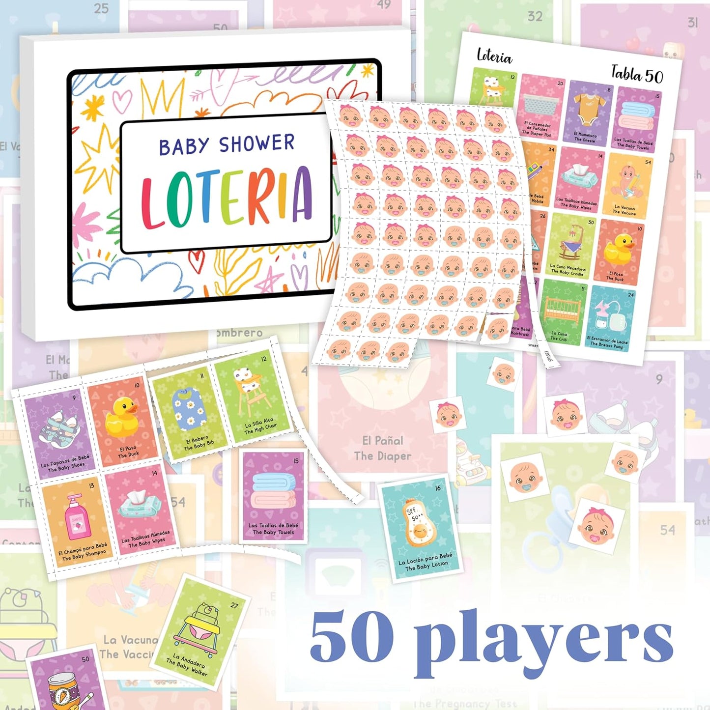 Baby Shower Loteria Bilingual - Baby Loteria For Babies Shower Games Spanish And English, Funny Party Bingo Game For 50 Players