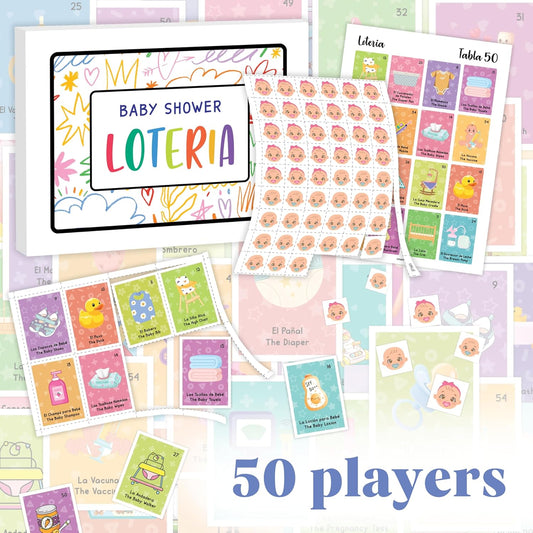 Baby Shower Loteria Bilingual - Baby Loteria For Babies Shower Games Spanish And English, Funny Party Bingo Game For 50 Players