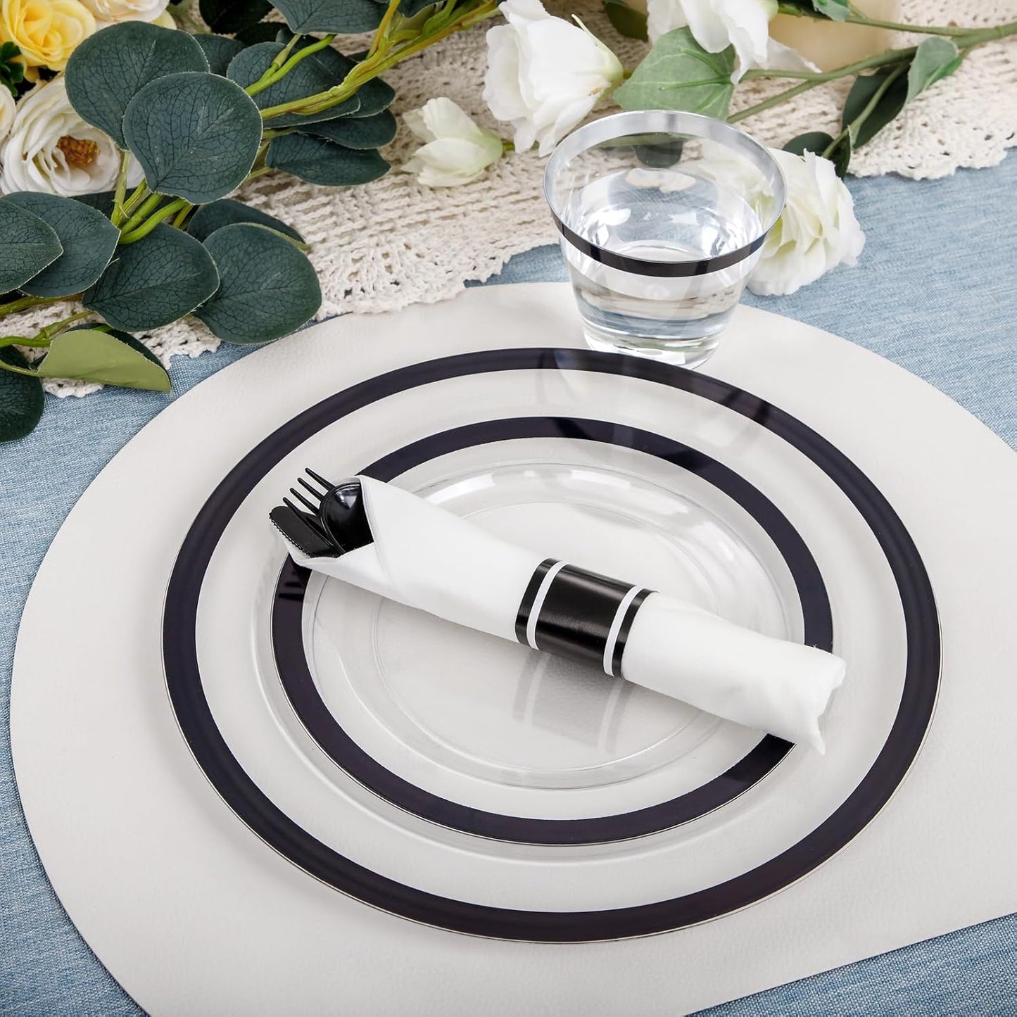 I00000 210 Pcs Clear and Black Plastic Plates, Halloween Disposable Dinnerware Set, Include 30 Dinner 30 Dessert Plates,30 Plastic Cups 9 OZ,30 Pre Rolled Napkins with Cutlery for Halloween Party