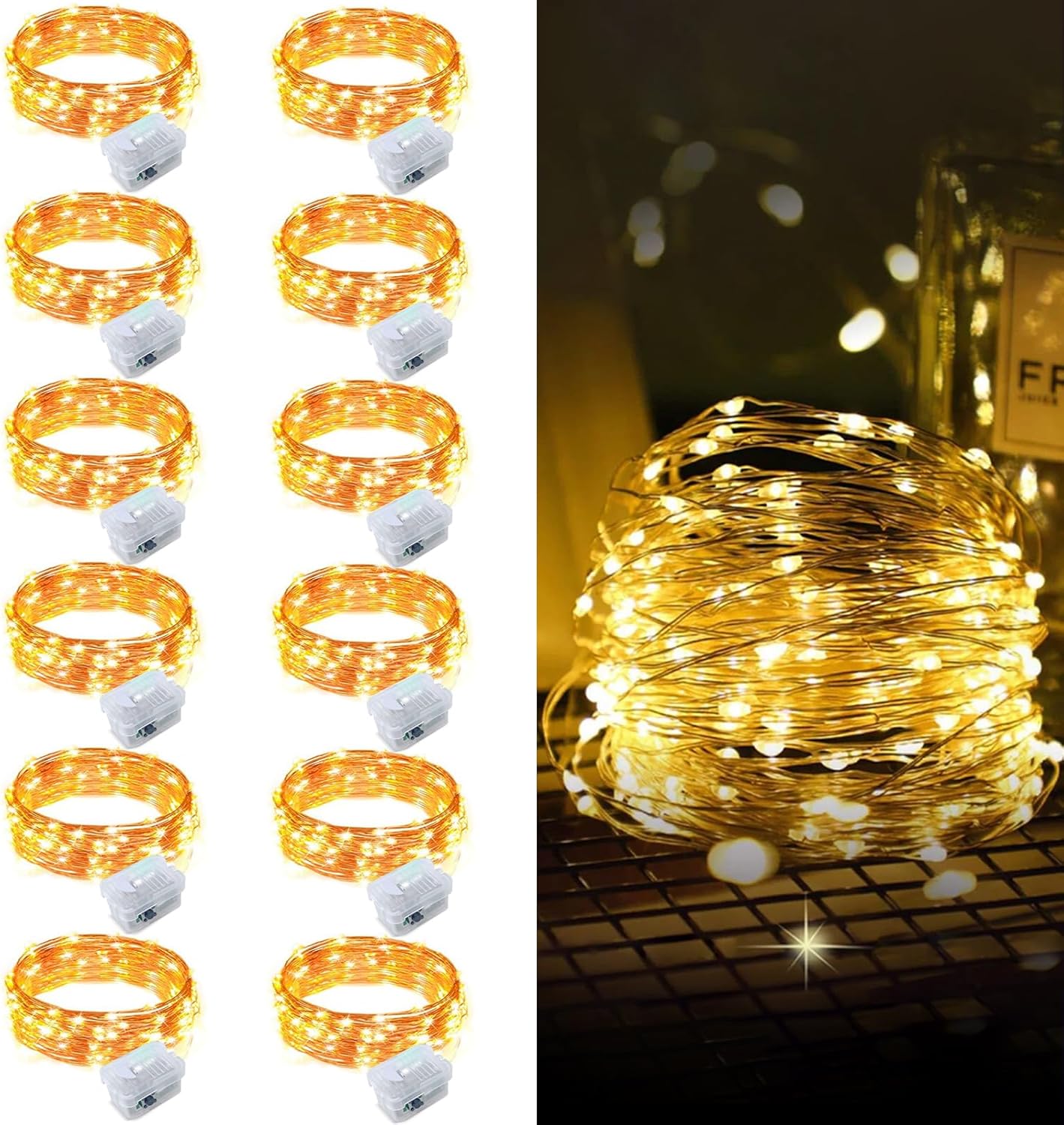 Aogist 12 Pack Fairy Lights 3 Modes 7ft 20 LED Waterproof,Battery Operated Silver Wire Firefly Starry Moon Mini String Lights for Mason Jars Christmas DIY Crafts Wedding Party Bedroom,Warm White