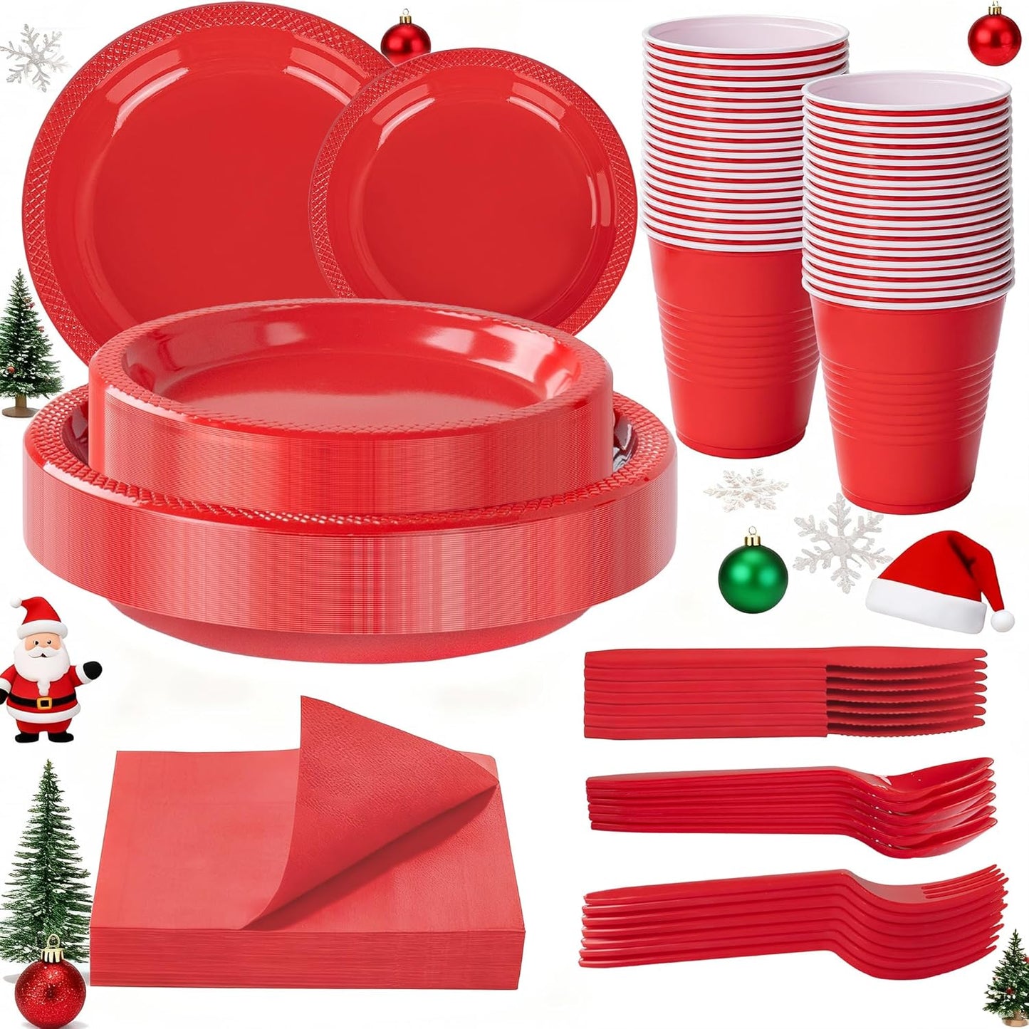 WELLIFE 210Pcs Red Plastic Plates, Christmas Plates Disposable, Party Supplies Including Red plates, 12oz Cups, Plastic Cutlery and Napkins Serve 30 Guests, Disposable Dinnerware Set for Christmas