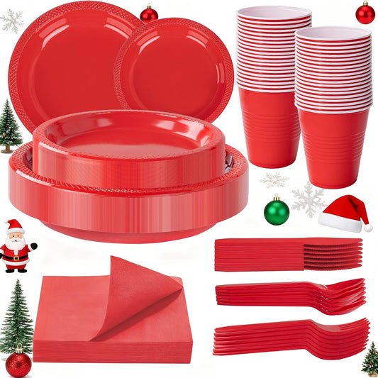 WELLIFE 210Pcs Red Plastic Plates, Christmas Plates Disposable, Party Supplies Including Red plates, 12oz Cups, Plastic Cutlery and Napkins Serve 30 Guests, Disposable Dinnerware Set for Christmas