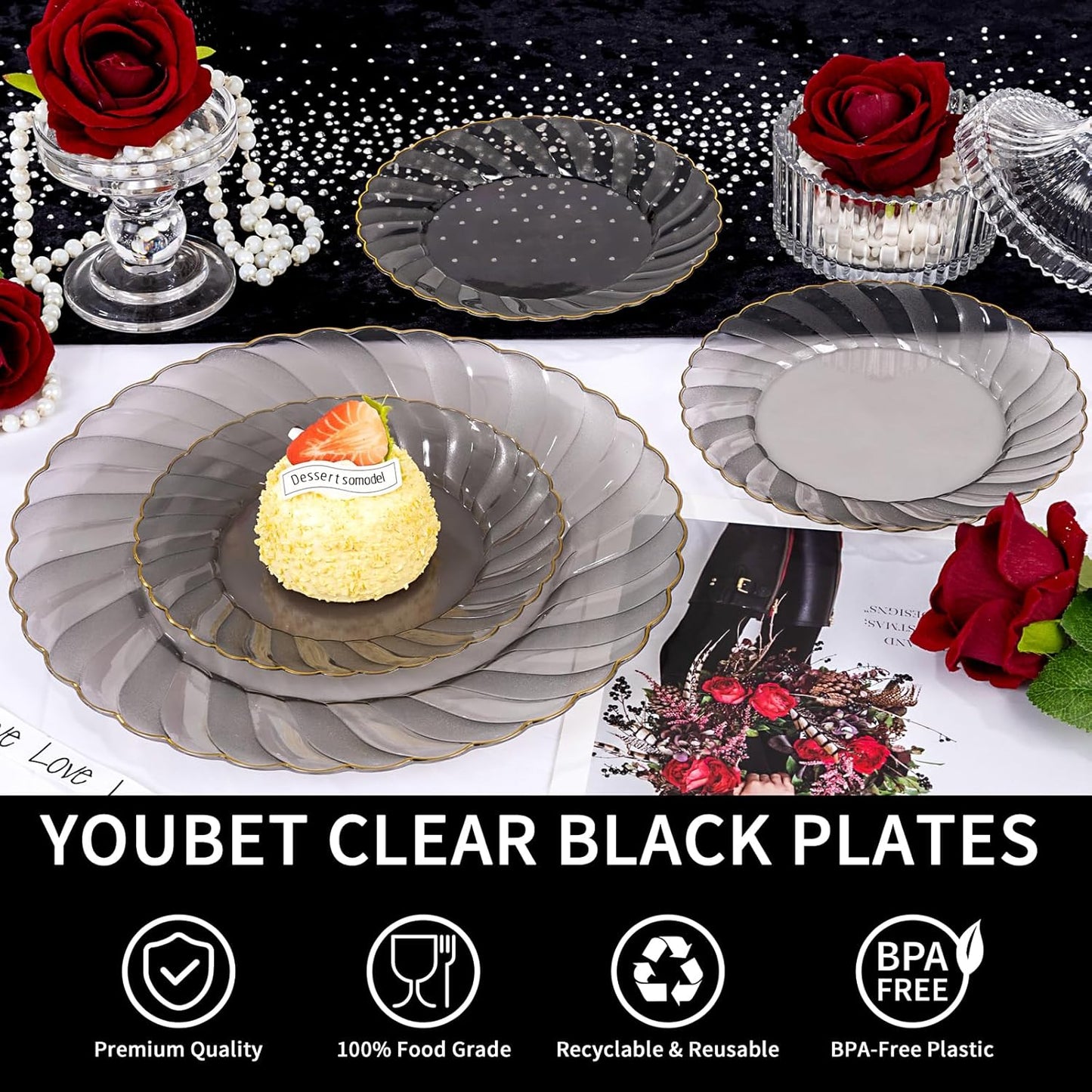 YOUBET 125PCS Clear Black Plastic Plates - Black and Gold Disposable Plates Include 50 Plate, 75 Silverware for Wedding & Party & Birthday