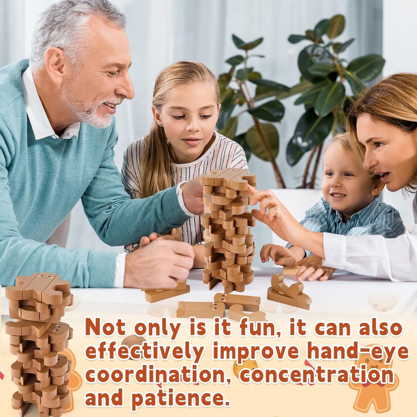 Tower Stacking Game Winter Christmas Family Reunion Games Gingerbread Man Wooden Blocks Tumbling Tower and Balancing Game for Adults Team Building Friends Group Coworkers Games Fun Party Activities