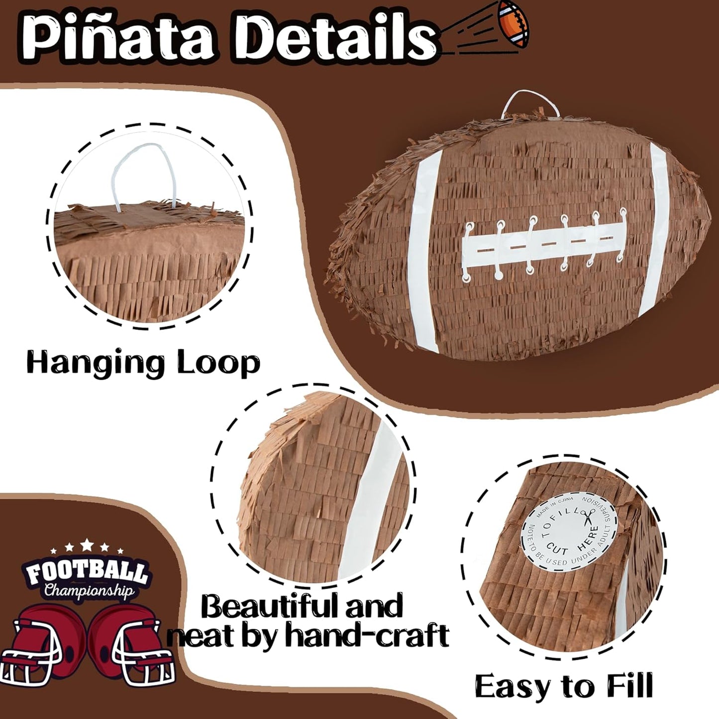 PCFING 20 Inch Football Piñata with 30 Inch Piñata Stick Blindfold Confetti for Boys Girls Adults Birthday Party Game Decorations, Anniversary Celebration, Fiesta