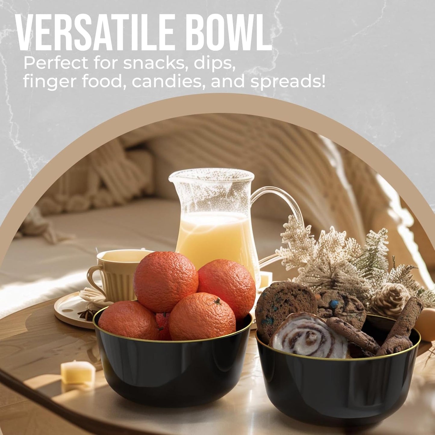 Trendables Plastic Bowls Disposable Bowls 24 Oz Bowl Set Of 20 Black Gold Rimmed Fancy Plastic Serving Dishes Perfect for Parties and Events Disposable Candy Bowl