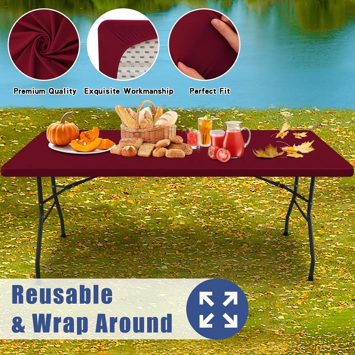 Spandex 8 Foot Rectangle Table Cloth 2 Pack, Elastic Fitted Tablecloths for Picnic, Stretch Washable Patio Table Cover for Outdoor, Camping, Banquet and Parties (Wine Red, 30"x96")