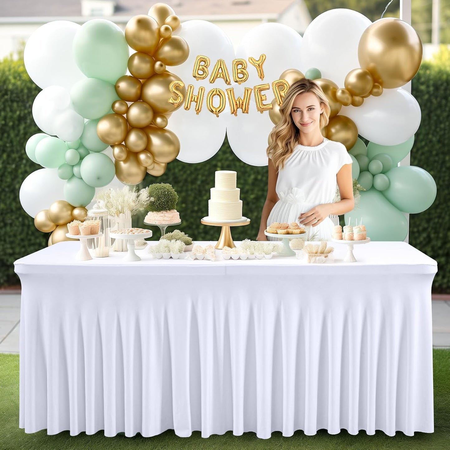 PARTISKY White Spandex Tablecloth for 4ft Rectangle Tables, Stretchable Table Cover Skirt for Folding Tables Weddings Parties Banquets Events Trade Shows and Dessert Table