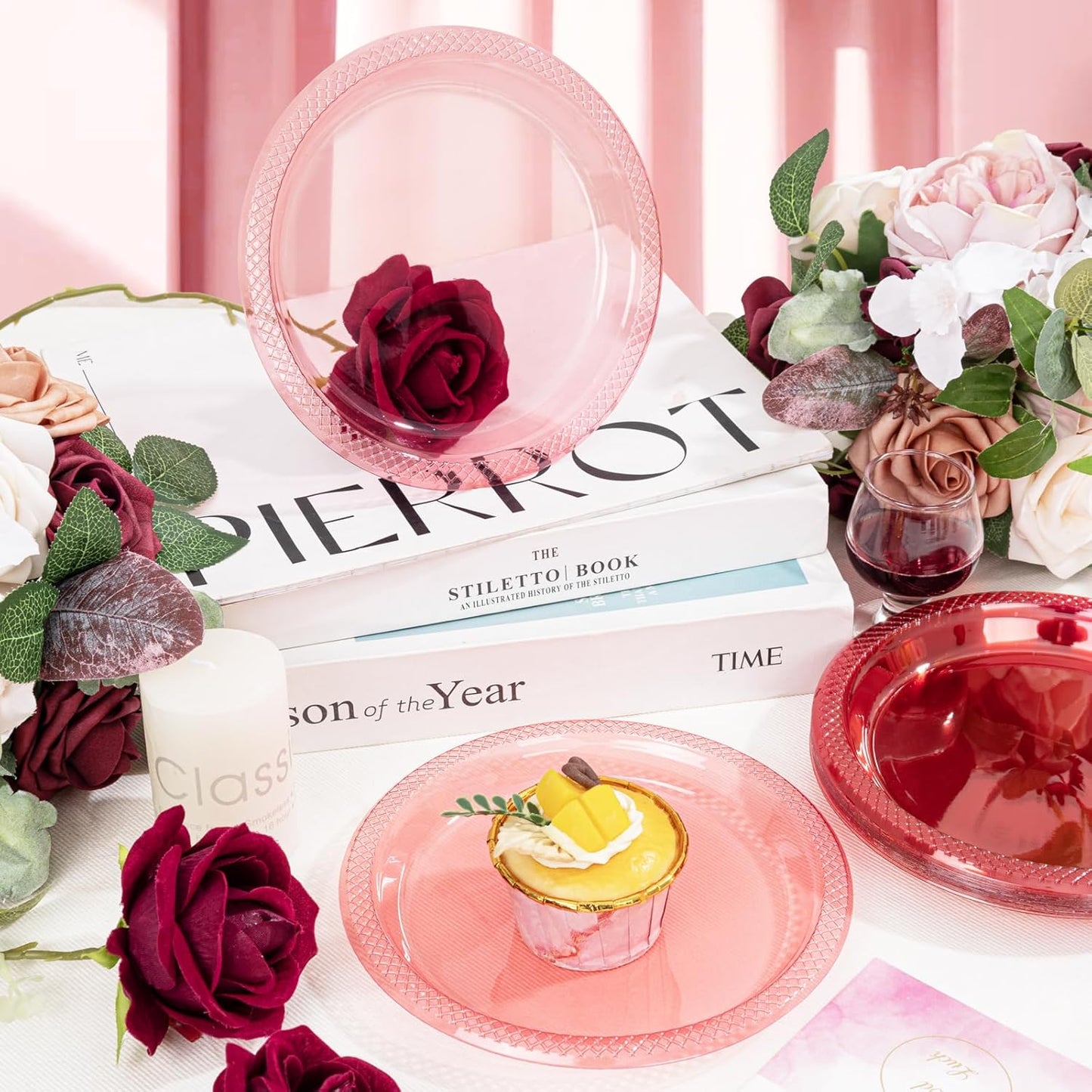 WELLIFE Neon Red Party Plates 9 Inch -150 Count, Translucent Red Plastic Disposable Dinner Neon Plates for Fluorescent Neon Theme Party Dessert Cake Salad Appetizers Easter Mother's Day