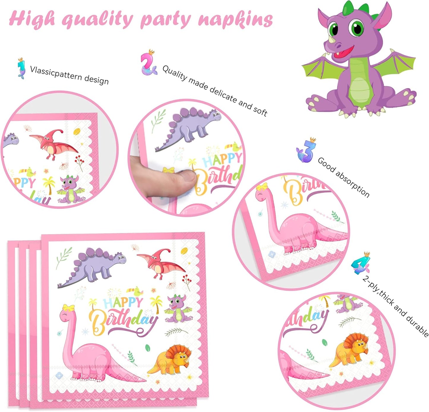 120 Pcs Pink Dinosaur Birthday Party Plates Napkins Girls Dinosaur Theme Birthday Party Tableware Disposable Paper Plates Napkins Party Decorations Supplies for 30 Guests