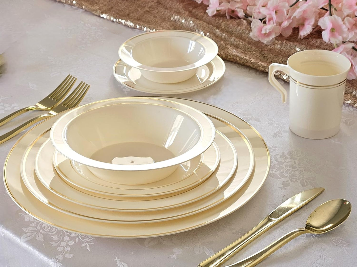 " OCCASIONS " 40 Plates Pack, Heavyweight Disposable Wedding Party Plastic Plates (10.5'' Dinner Plate, Ivory & Gold Rim)