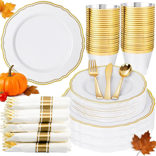 Hioasis 175pcs White and Gold Plastic Plates - Gold Plastic Dinnerware Set Includes 25 Dinner Plates, 25 Dessert Dinnerware, 25 Cups, 25 Rolled Napkin Cutlery Perfect for Thanksgiving & Party