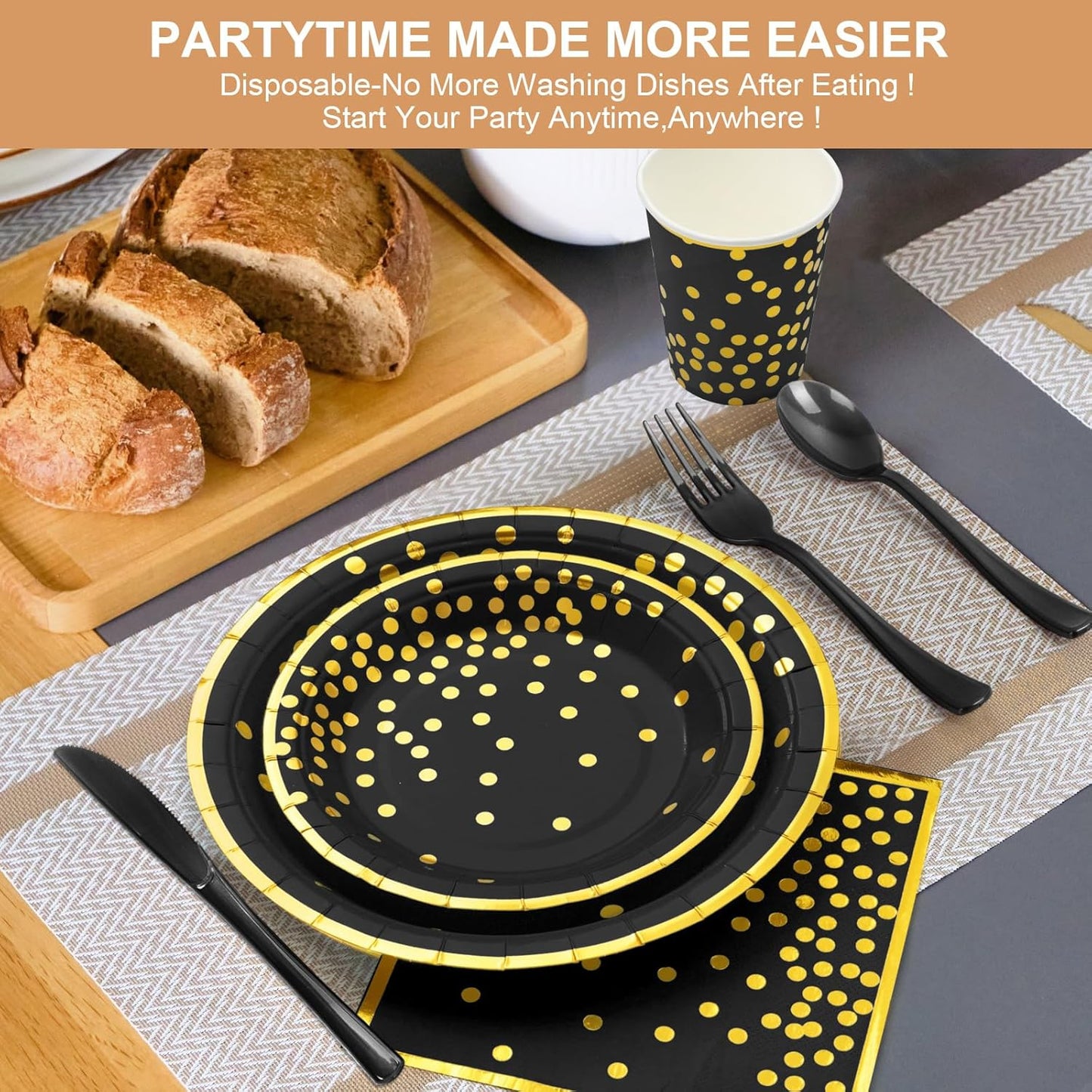 350Pcs Black and Gold Party Supplies, Severs 50 Golden Dot Black Paper Plates Party Dinnerware Include Black Plastic Forks Knives Golden Napkins Cups Spoons Knives for Retirement,Graduation, Birthday
