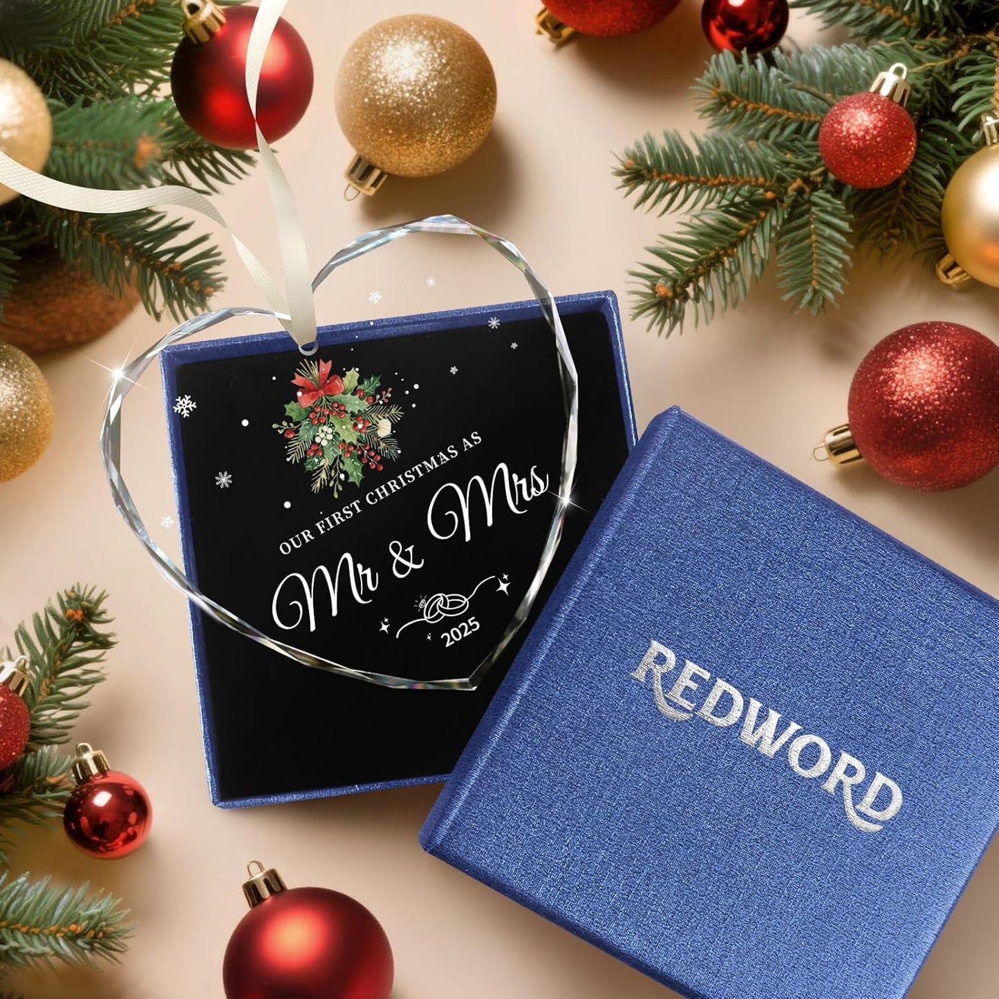 Wedding Gifts for Couples 2025, Our First Christmas as Mr and Mrs Ornament 2025 Engagement Gift Crystal Glass Ornament Newlywed Gift for Couples Just Married Gifts 2025