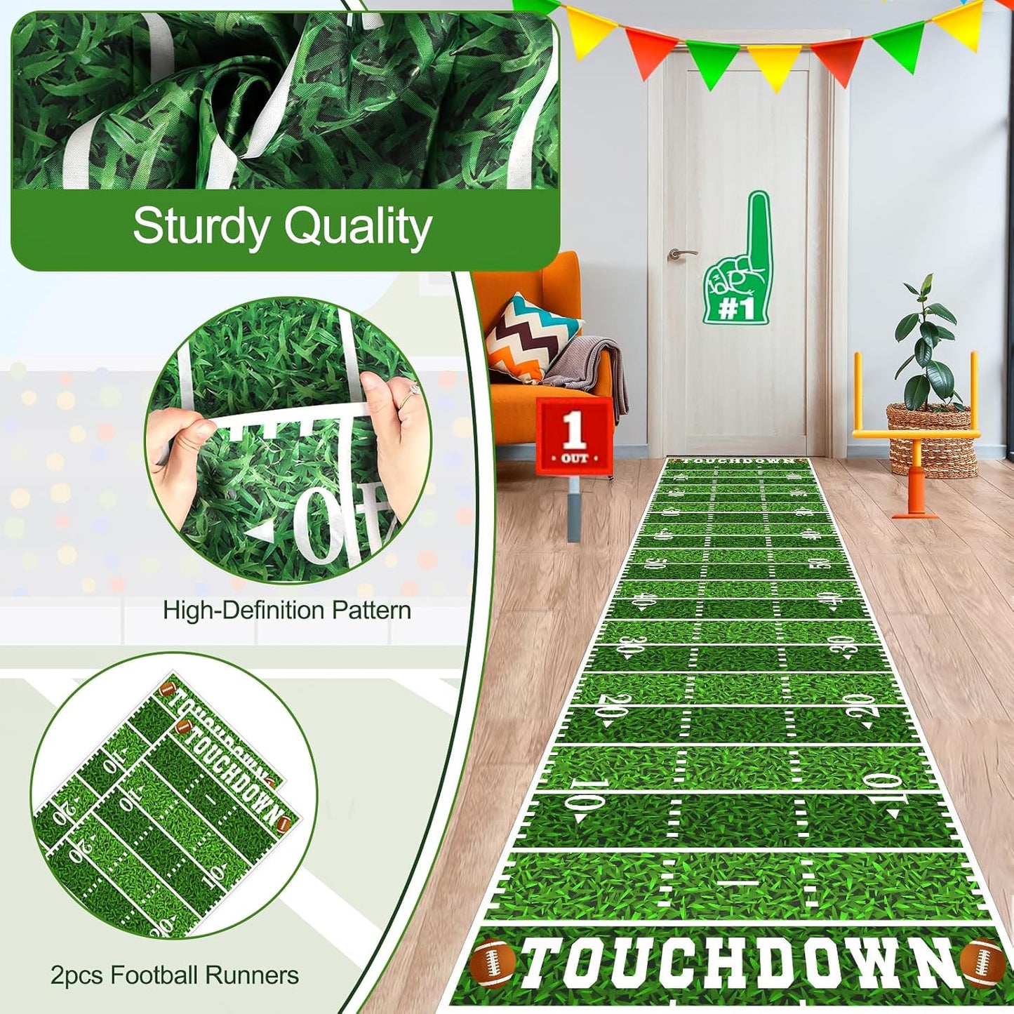 2Pcs Football Field Rug, 10Ft Long Field Aisle Touchdown Runners, Football Floor Runner for Superbowl Game Day Birthday Party Supplies, 24 x 120 Inch