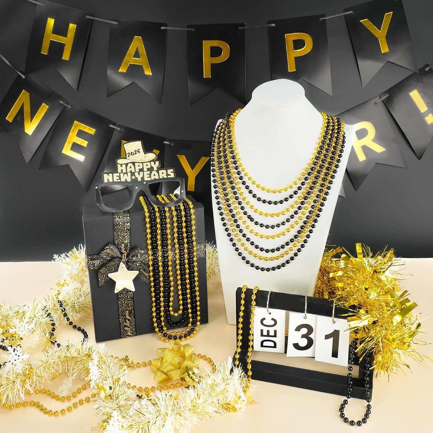 50 PCS Gold Black New Year Necklaces, 33'' New Year Eve Necklaces Round Happy New Year Necklace Accessories, 2026 New Year Party Beads for New Year's Day, Halloween, Christmas, Carnival Party Favors