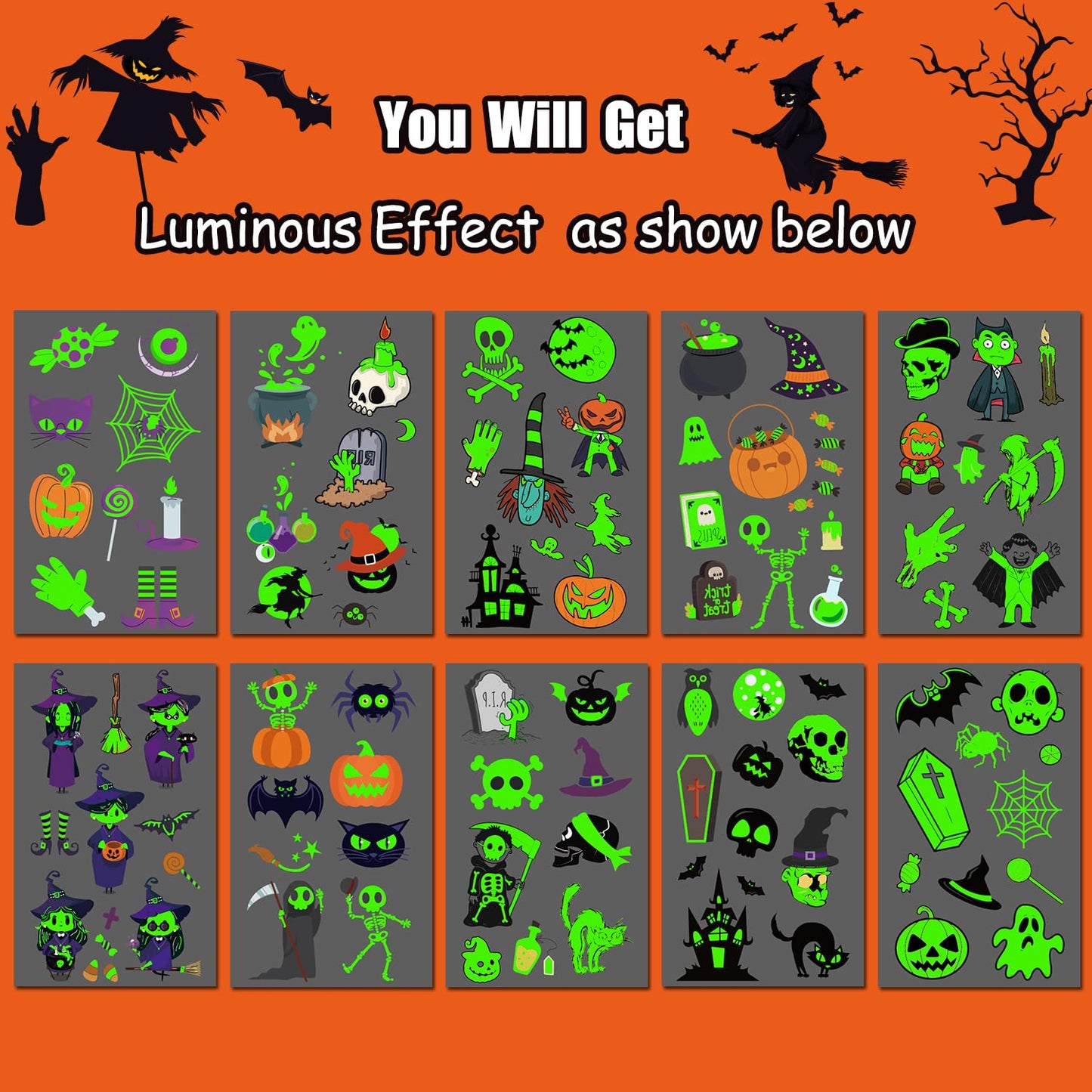 JCFIRE Glow Halloween Party Supplies, Halloween Temporary Tattoos for Kids Party Favors, Birthday Party Decorations Activities Games Accessories, Goodie Bags Fillers