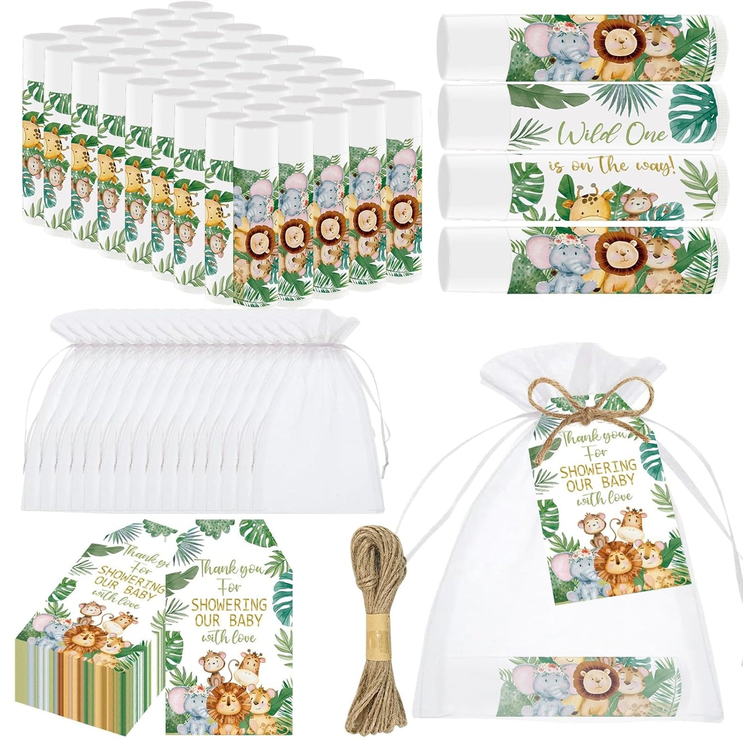 50 PCS Baby Shower Jungle Animal Lip Balms Favors for Guests,Baby Shower Games Gifts Boys Girls Neutral Gender Reveal Lip Balm with Thank You Card,Jungle Animal Birthday Party Supplies Decorations.
