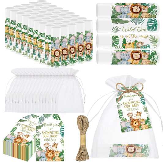 50 PCS Baby Shower Jungle Animal Lip Balms Favors for Guests,Baby Shower Games Gifts Boys Girls Neutral Gender Reveal Lip Balm with Thank You Card,Jungle Animal Birthday Party Supplies Decorations.