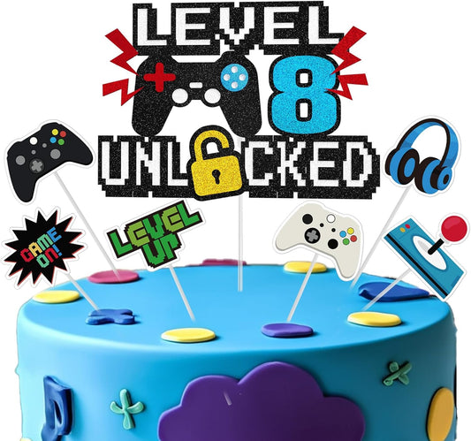 Video Game Cake Topper, Level 8 Unlocked Cake Toppers, Happy 8th Birthday Game Party Decorations for Boys Girls, Video Game Controller Themed Birthday Party Supplies for Game Fans, Kids and Men