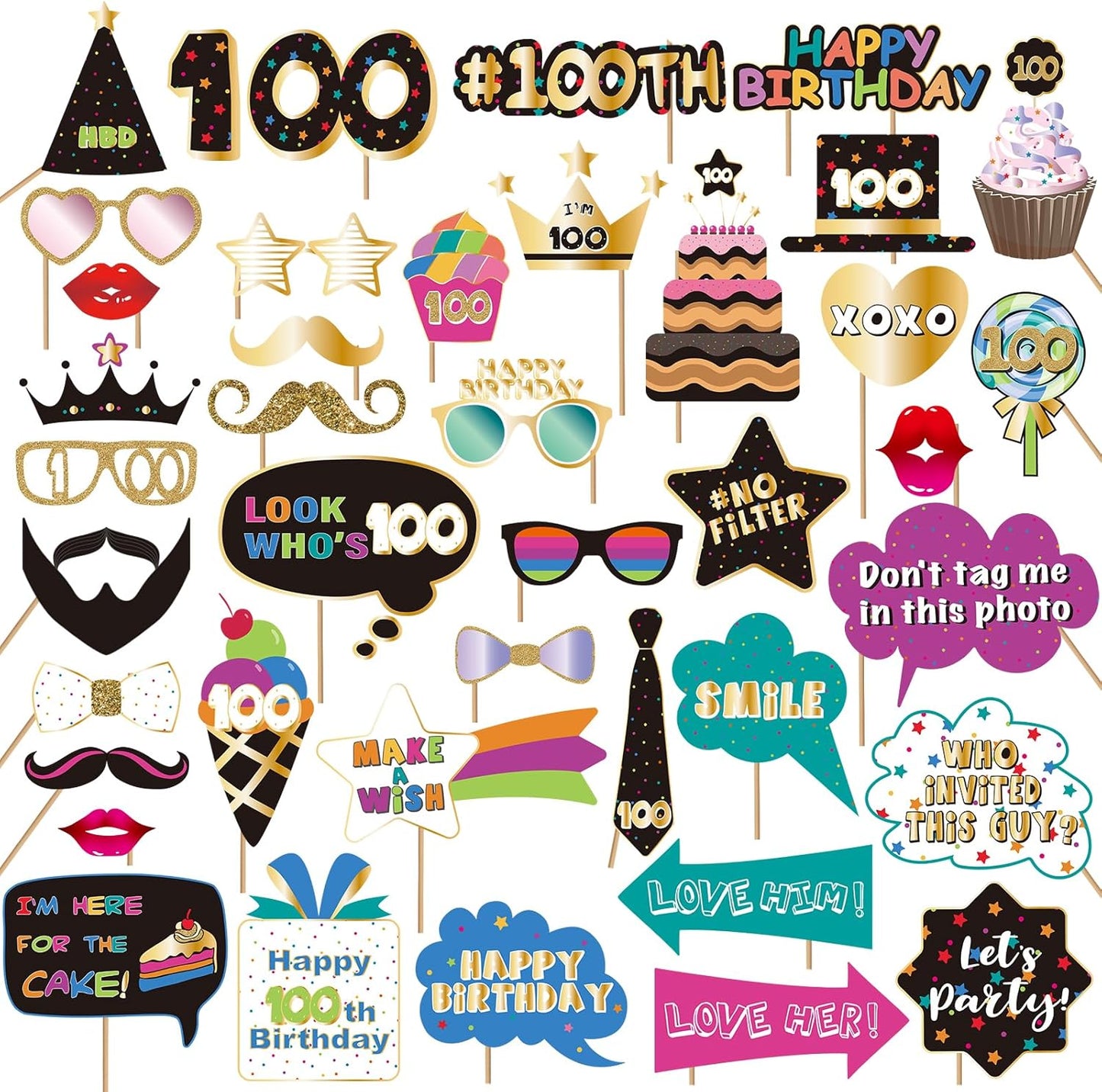 BRT Bearingshui 100th Birthday Party Photo Booth Props Accessories, 100th Happy Birthday Party Decorations Supplies Favors