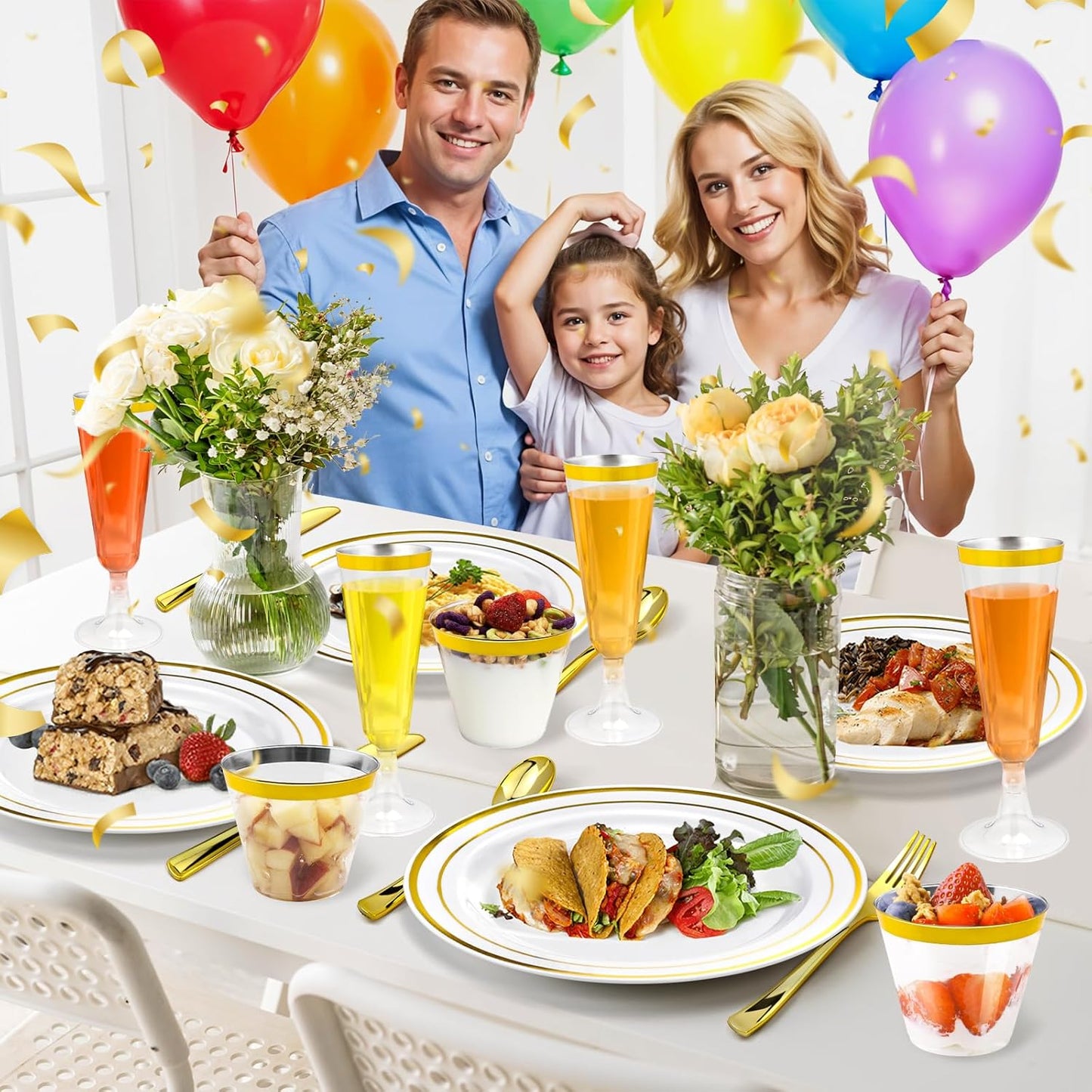 150PCS Gold Plastic Plates Set for 25 Guests, Disposable Dinnerware Set of 25 Dinner, 25 Cups and 25 Champagne Flutes Cups, 25 Spoons, 25 Forks, 25 Knives for Birthday, Wedding & Party Supplies