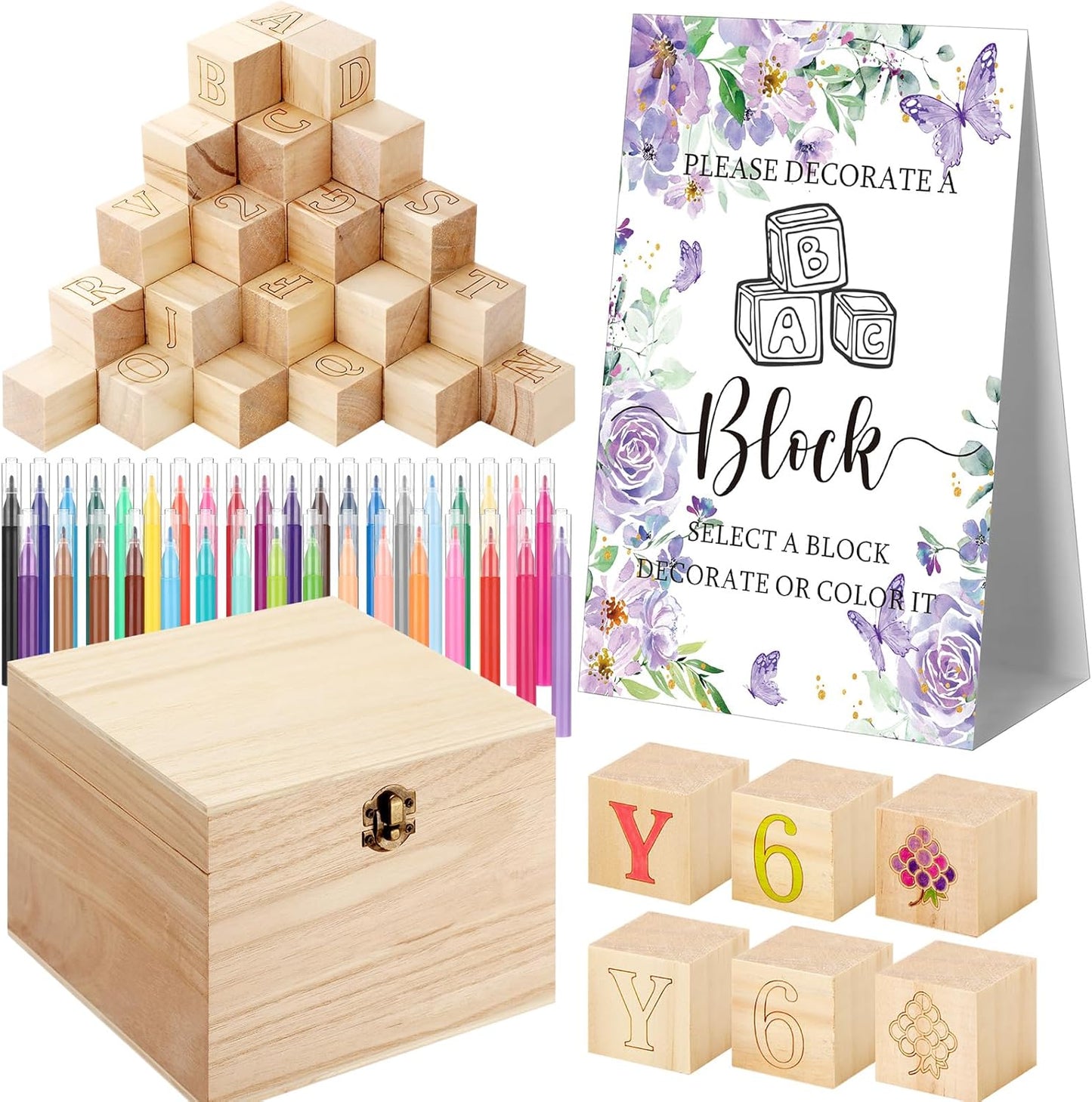 Marsui 136 Pcs Baby Shower Blocks to Decorate Game Kit Includes 98 Wooden Blocks, 36 Markers, 1 Game Sign, 1 Storage Box for Baby Shower Gender Reveal Activity Party Decorations(Butterfly)