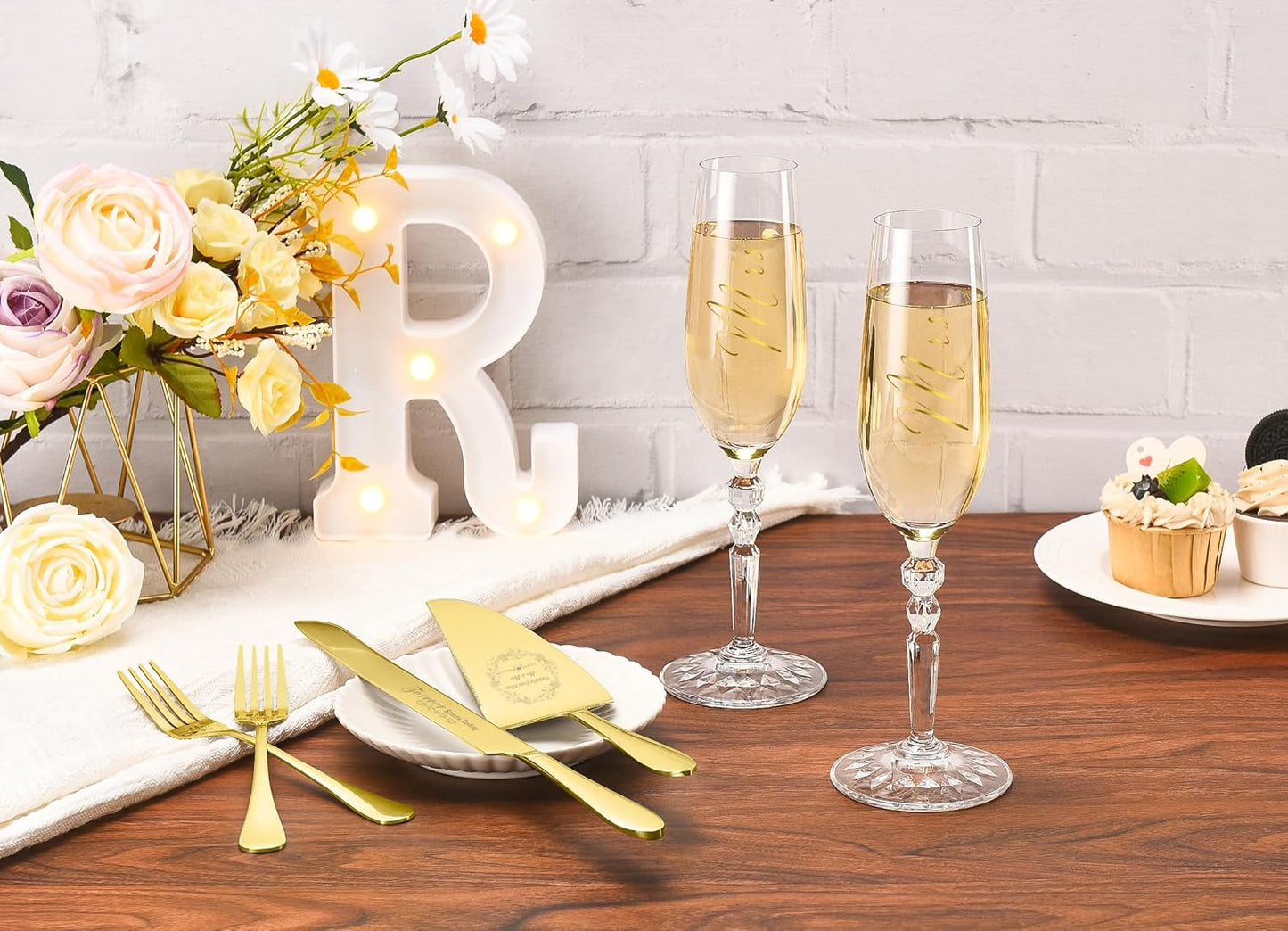 Wedding Cake Knife and Server Set with Forks, Classical Style Crystal Champagne Flutes Toasting Glasses for Bride and Groom, Wedding Gifts for Couples, Engagement and Bridal Shower Gifts