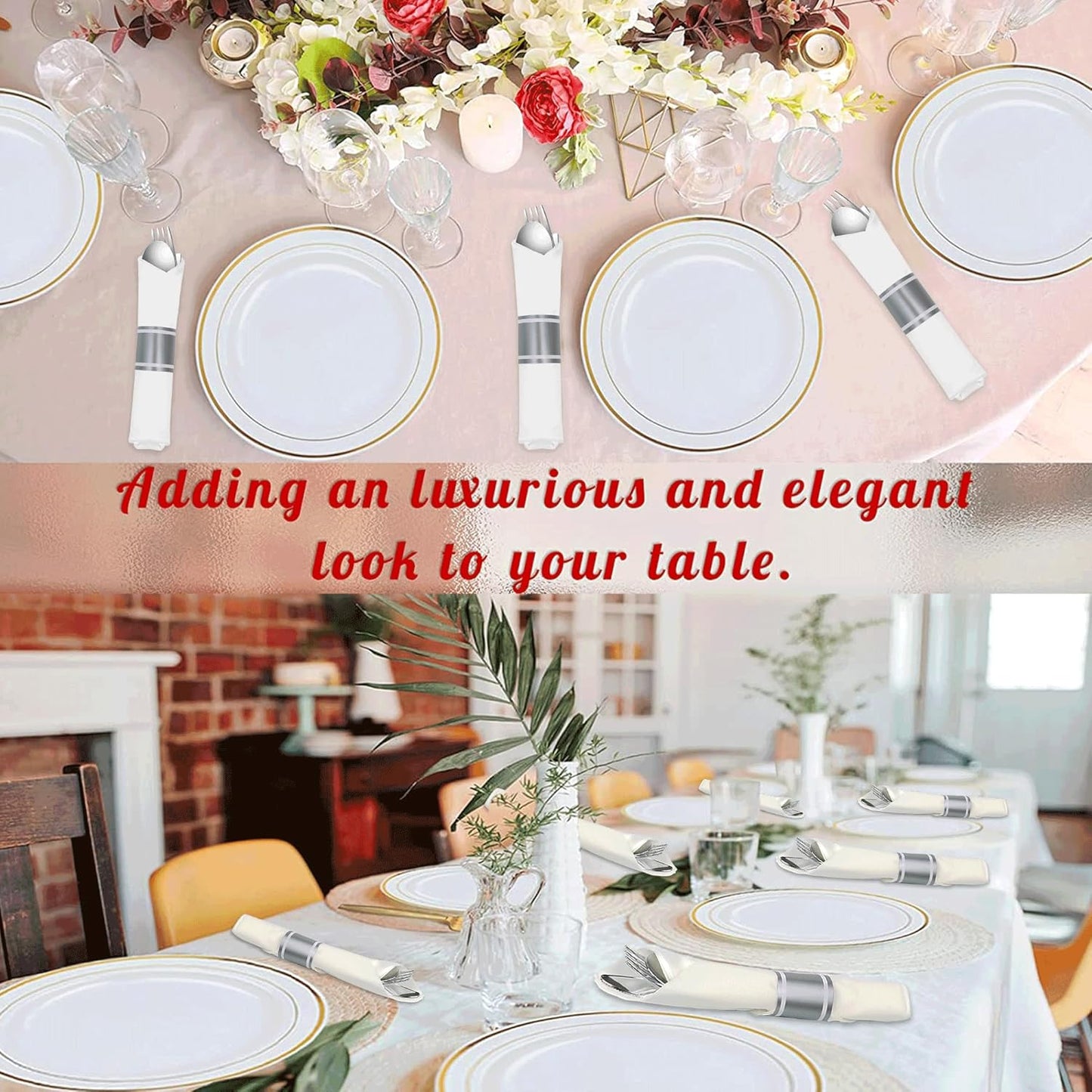 50 Pack Pre Rolled Silver Plastic Silverware Set,Wrapped Plastic Cutlery Set with Napkin Include 50 Forks,50 Spoons,50 Knives and 50 White Napkins for Party,Wedding