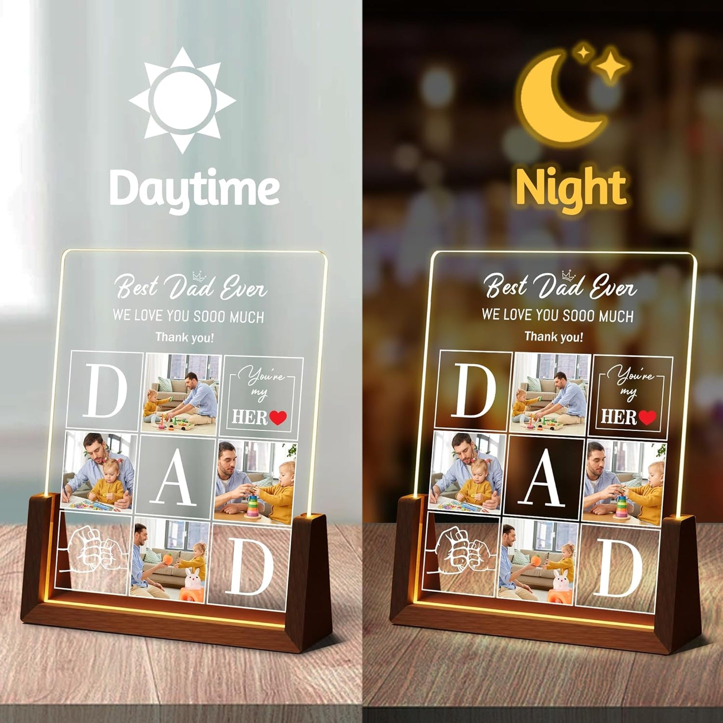 Personalized Dad Gifts For Fathers Day, Custom Fathers Day Birthday Christmas Gifts From Daughter Son Wife Kids, Acrylic Lights Up Picture Frame Plaque With Photo Name, Customized Best Dad Ever Gift