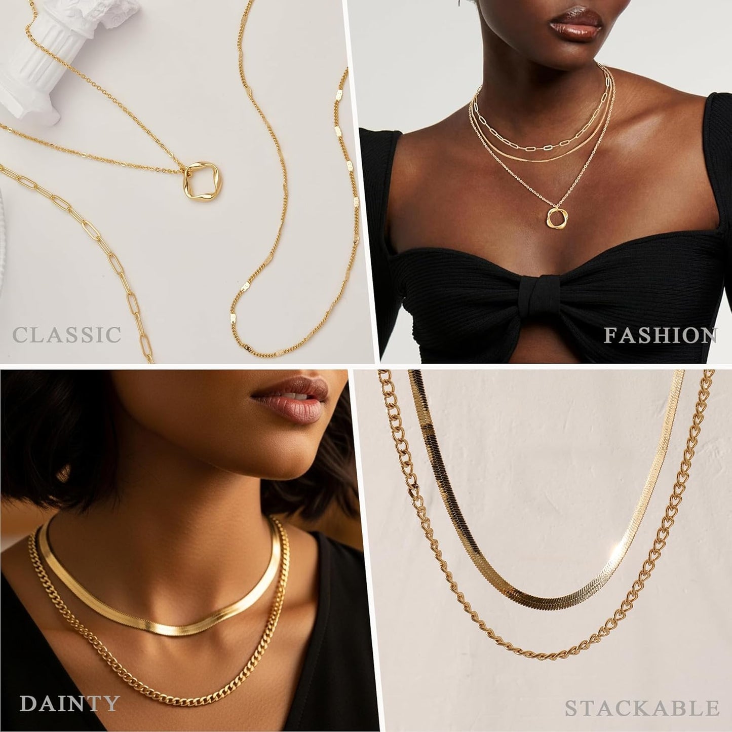 YEEZII Gold Jewelry Set for Women with 5Pcs Layered Necklace, 5Pcs Layered Necklace, 12 Bracelets, 4 Hoop Earrings, 8 Stackable Rings, 10 hairpins, 12 Studs Earrings Jewerly set for Women