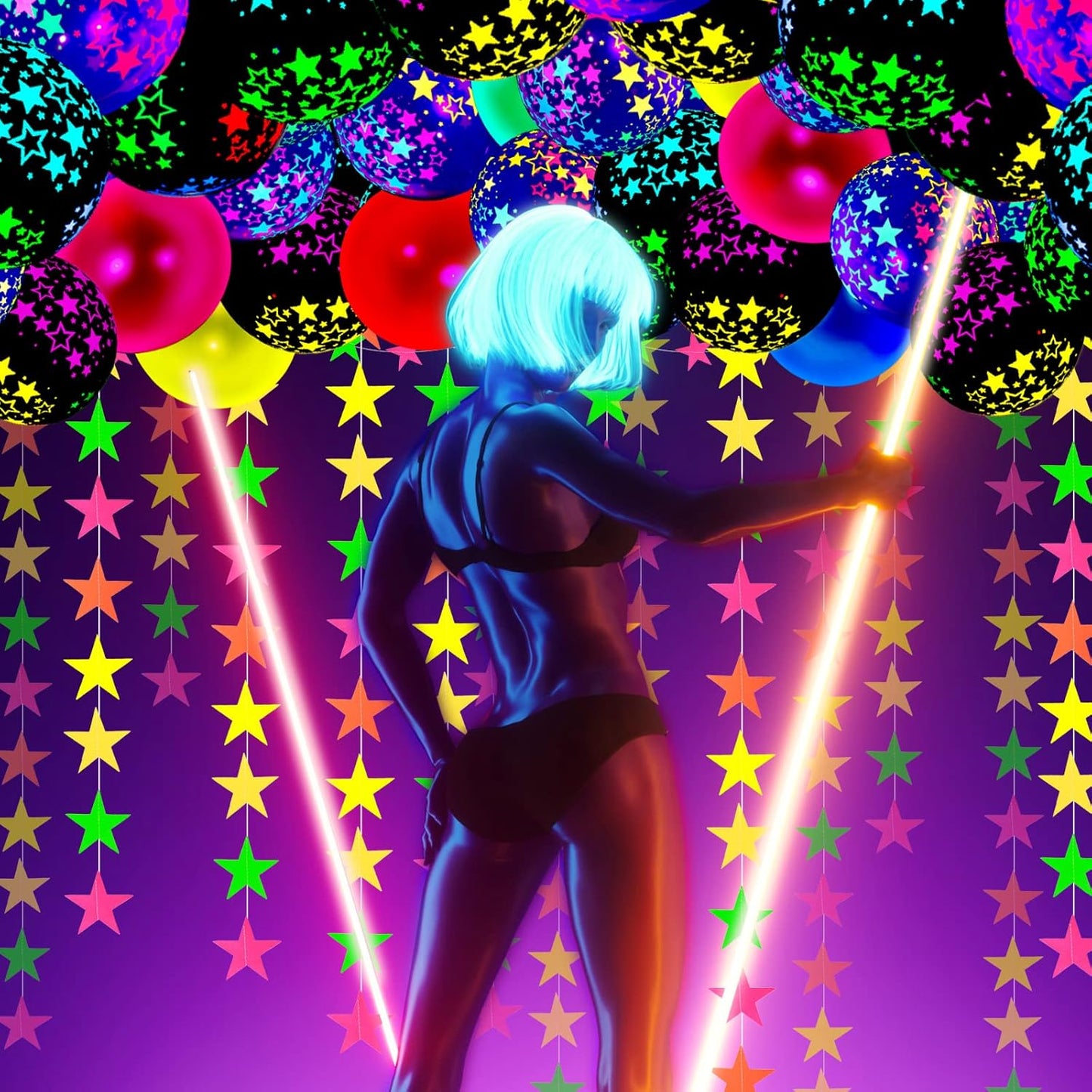 32 Pcs Glow in The Dark Party Supplies Christmas Neon Party Favors with 25 Fluorescent Balloon 6 Rolls 98.4 ft UV Blacklight Luminous Tape 14.4 ft Neon Streamer Garland for Adults(Glitter Star)