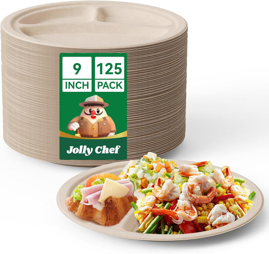 JOLLY CHEF Compostable 𝟯 Compartment Paper Plates 𝟵 𝗜𝗻𝗰𝗵 [𝟭𝟮𝟱 𝗣𝗮𝗰𝗸] Heavy Duty Divided Disposable Eco-Friendly Bagasse Biodegradable Round Trays for Dinner Lunch Thanksgiving Day (Brown)