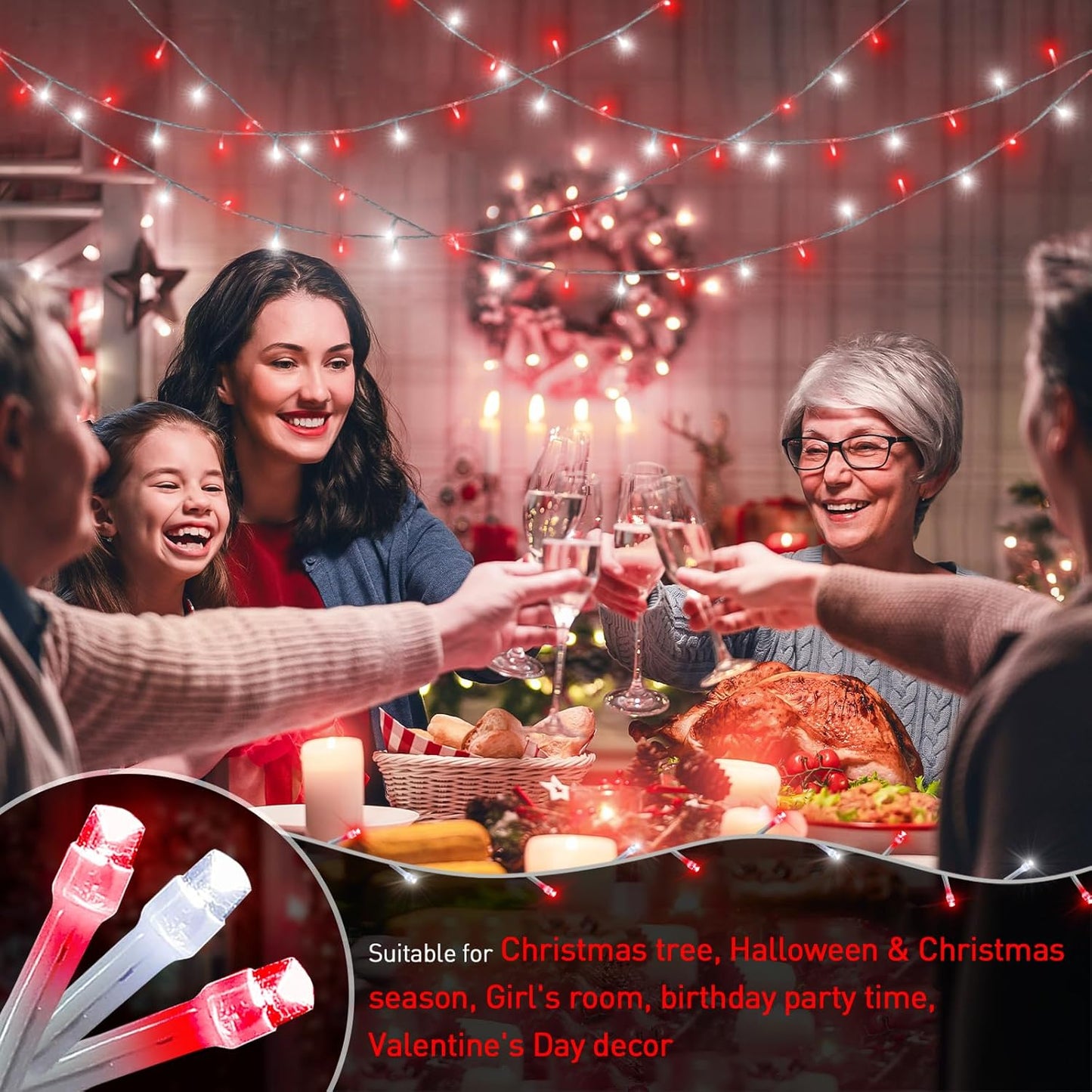 JMEXSUSS 200 LED Red and White Christmas Lights Outdoor, 66ft Halloween String Lights Indoor Clear Wire, Christmas Tree Lights Plug in for Bedroom Tree Christmas Party Decorations